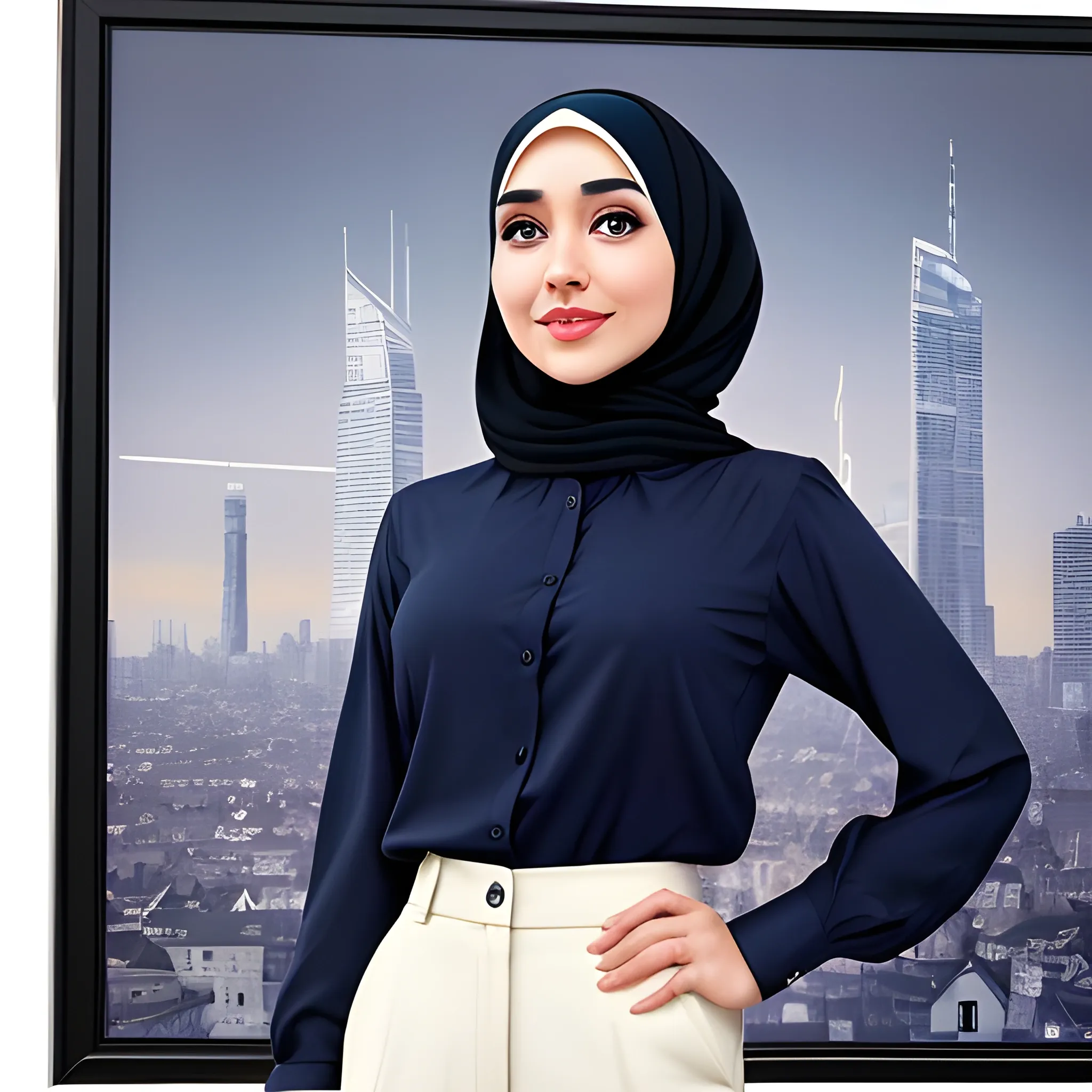 beautiful women, elegant, happy, hijab, navy blue long shirt, cream pants, standing in front of city word advertising board, black hair, short hair, good hand, 4k, best quality, sharp focus, soft lighting, skinny, ideal body, slim fit, potrait,  profesional model pose, face advanced, face detail, negative_hand-neg:1.2, perfect finger,