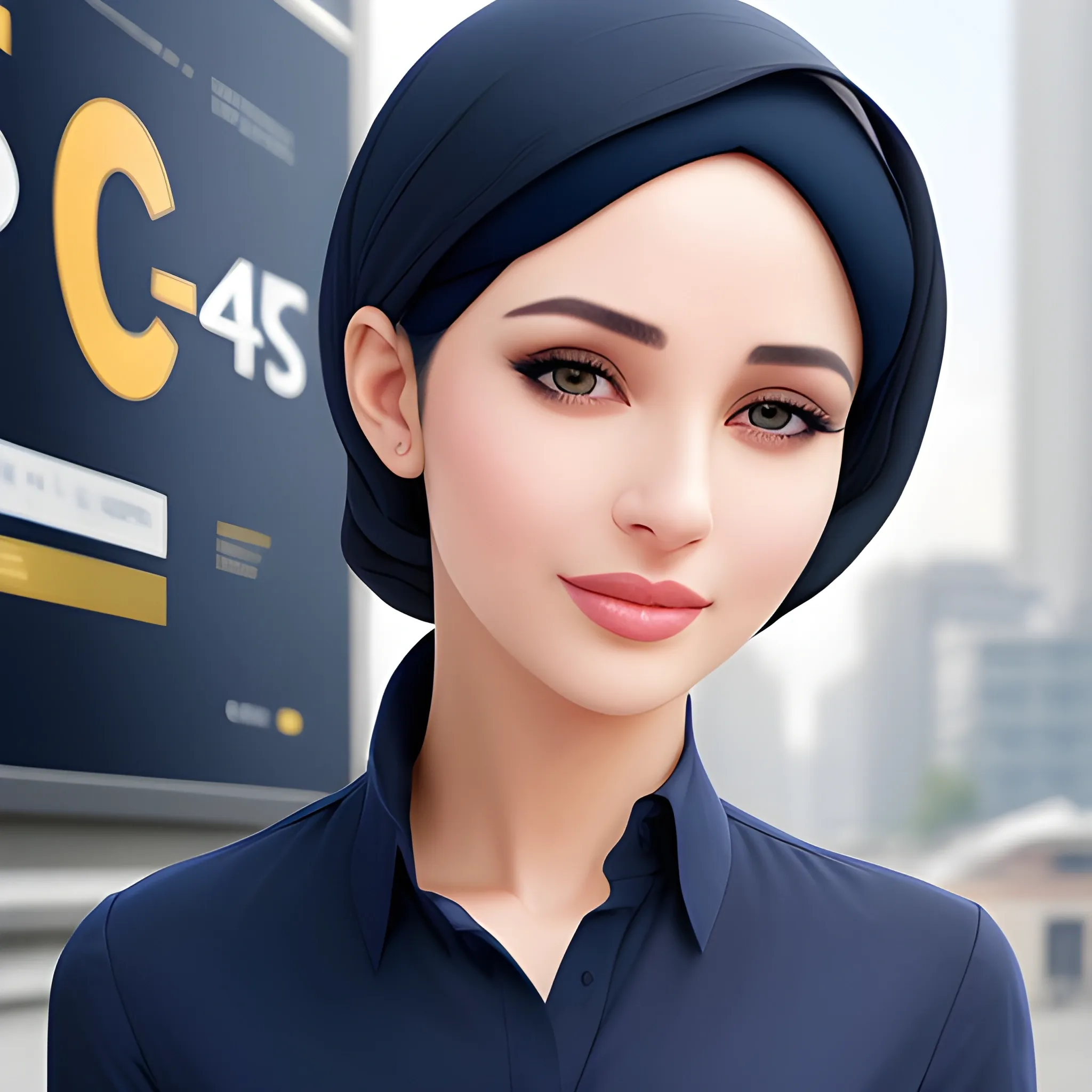 beautiful women, elegant, happy, hijab, navy blue long shirt, cream pants, standing in front of city word advertising board, black hair, short hair, good hand, 4k, best quality, sharp focus, soft lighting, skinny, ideal body, slim fit, potrait,  profesional model pose, face advanced, face detail, negative_hand-neg:1.2, perfect finger,