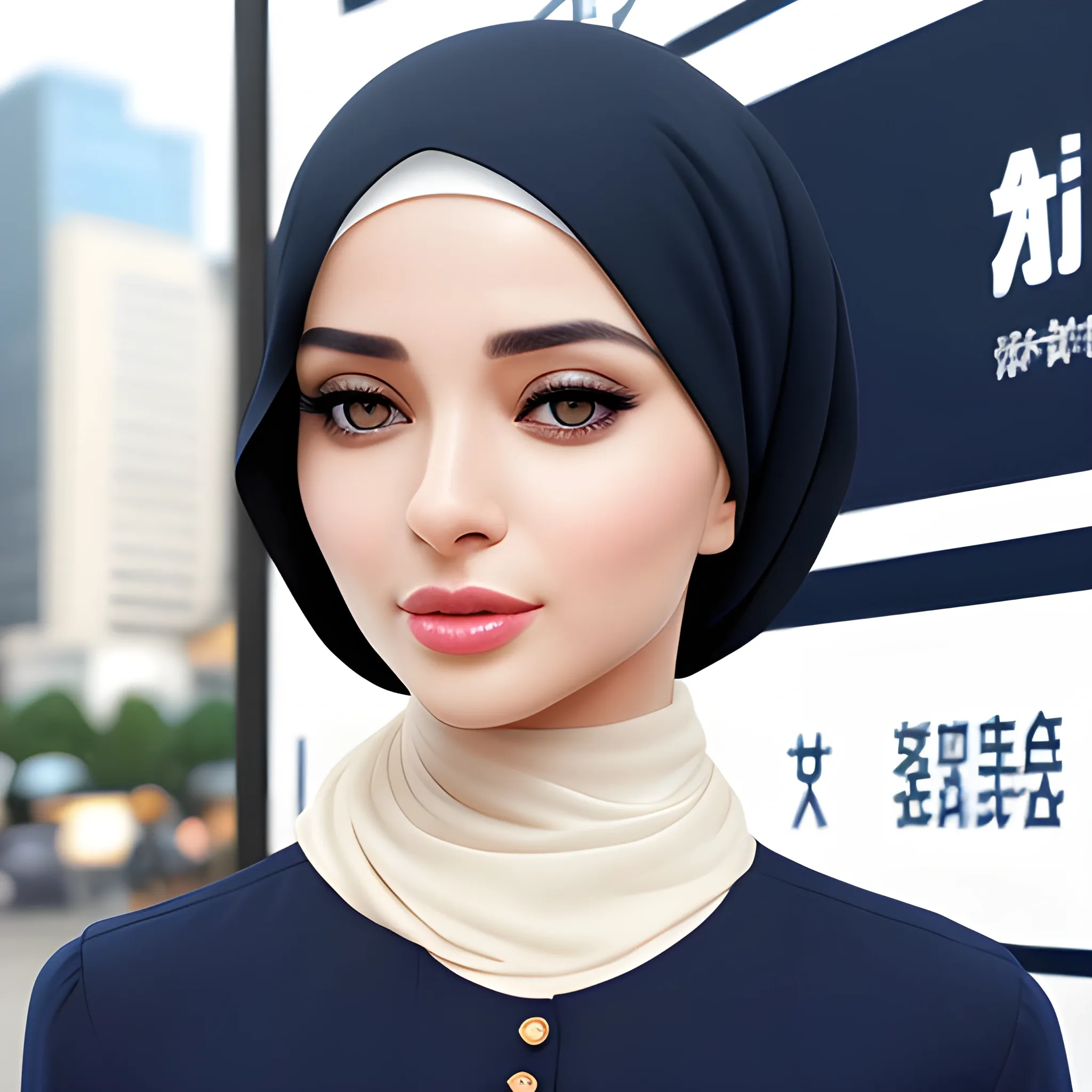 beautiful women, elegant, happy, hijab, navy blue long shirt, cream pants, standing in front of city word advertising board, black hair, short hair, good hand, 4k, best quality, sharp focus, soft lighting, skinny, ideal body, slim fit, potrait,  profesional model pose, face advanced, face detail, negative_hand-neg:1.2, perfect finger,