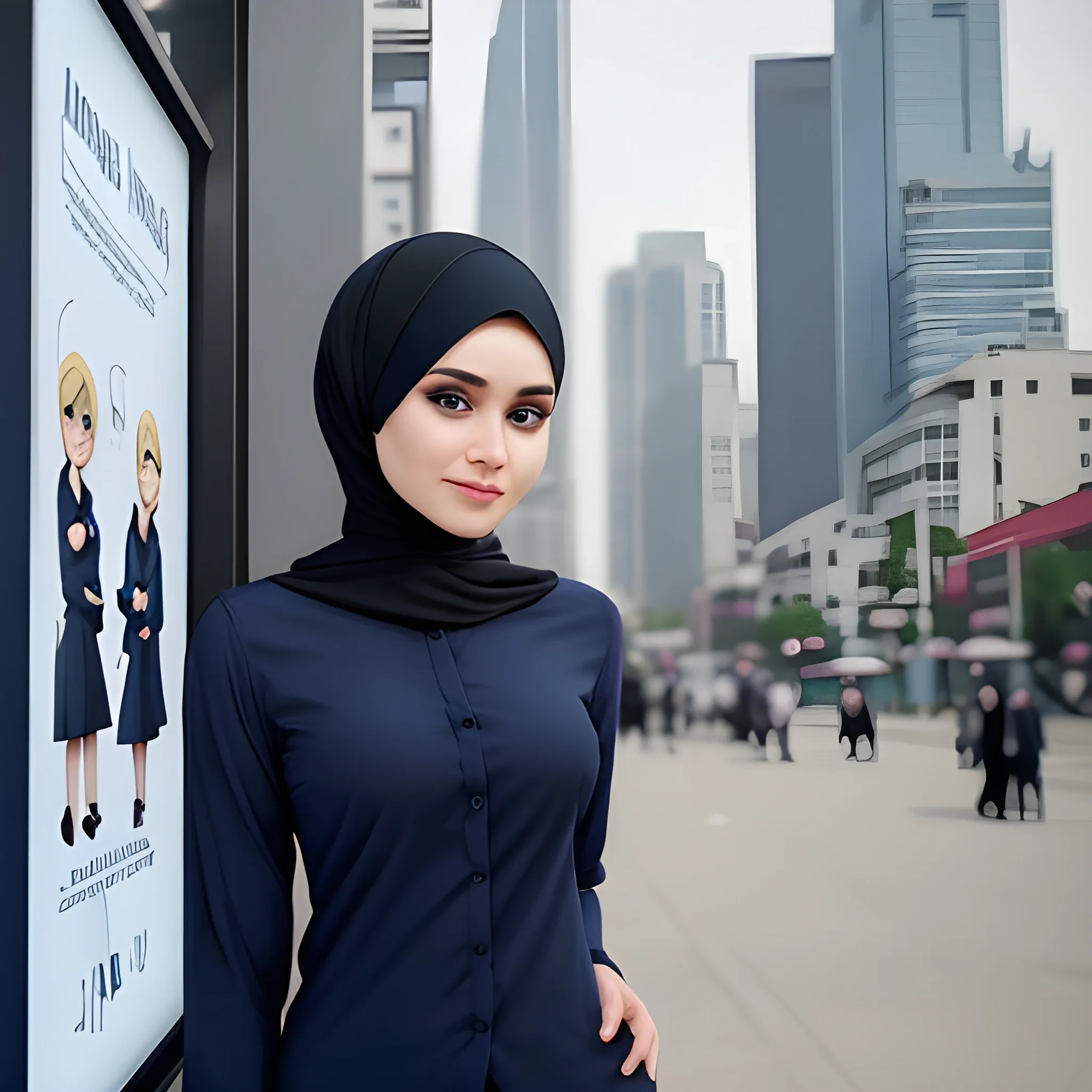 beautiful women, elegant, happy, hijab, navy blue long shirt, cream pants, standing in front of city word advertising board, black hair, short hair, good hand, 4k, best quality, sharp focus, soft lighting, skinny, ideal body, slim fit, potrait,  profesional model pose, face advanced, face detail, negative_hand-neg:1.2, perfect finger,