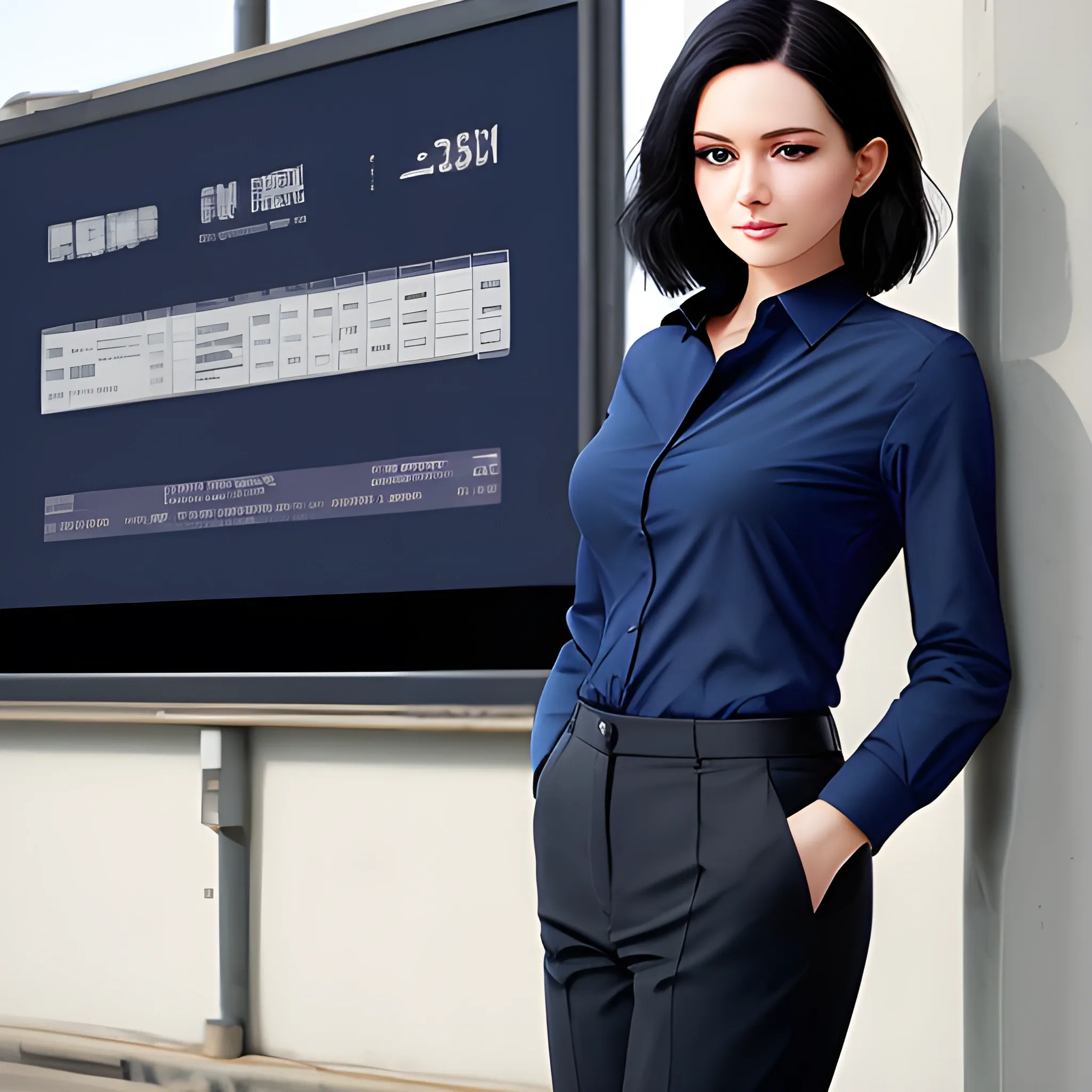 beautiful women, elegant, happy, navy blue long shirt, cream pants, standing in front of city word advertising board, black hair, short hair, good hand, 4k, best quality, sharp focus, soft lighting, skinny, ideal body, slim fit, potrait,  profesional model pose, face advanced, face detail, negative_hand-neg:1.2, perfect finger,