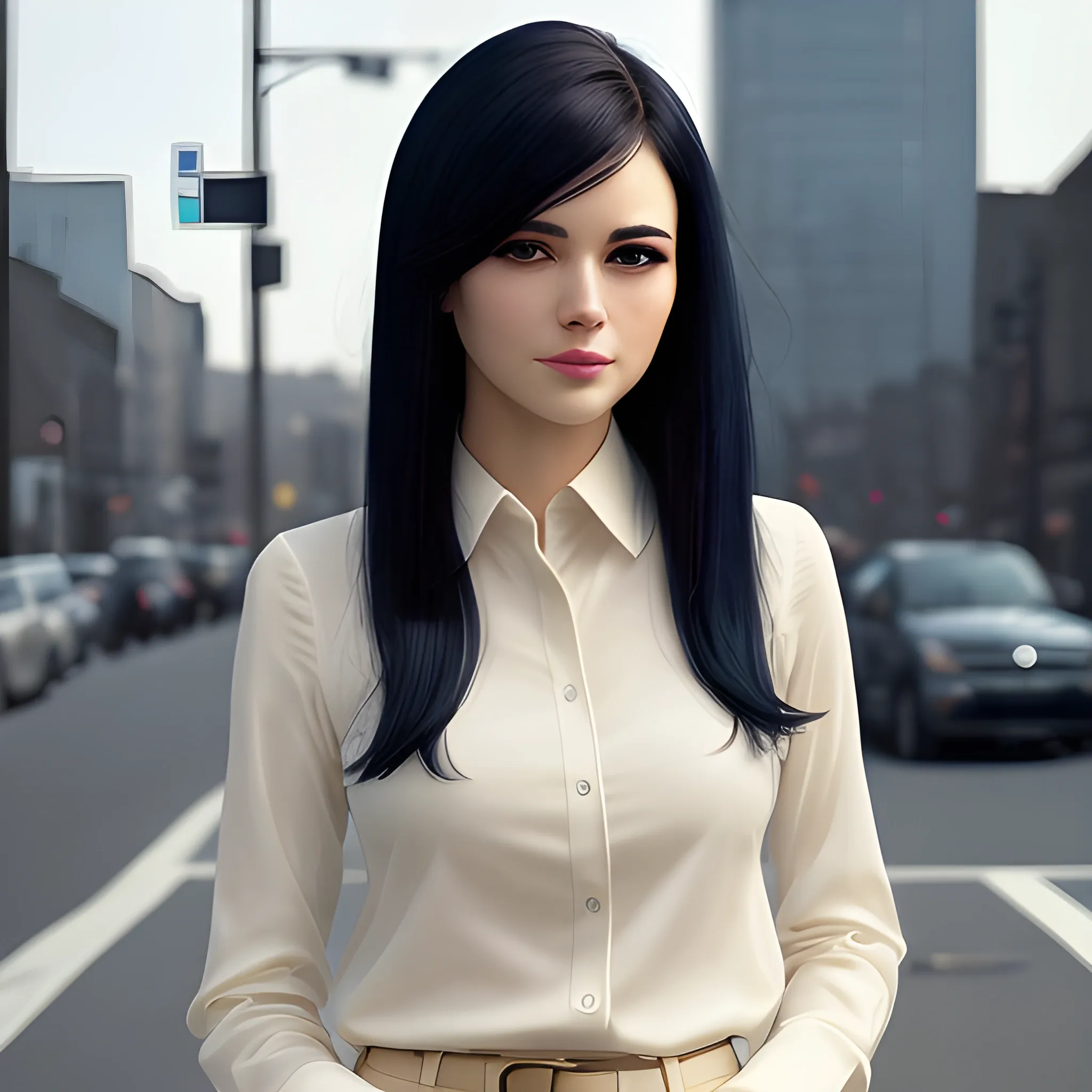 beautiful women, elegant, happy, navy blue long shirt, cream pants, standing in front of city word advertising board, black hair, short hair, good hand, ideal body, slim fit, potrait,  profesional model pose, head follow camera, face advanced, face detail, negative_hand-neg:1.2, perfect finger,  4k, best quality, sharp focus, soft lighting, skinny,