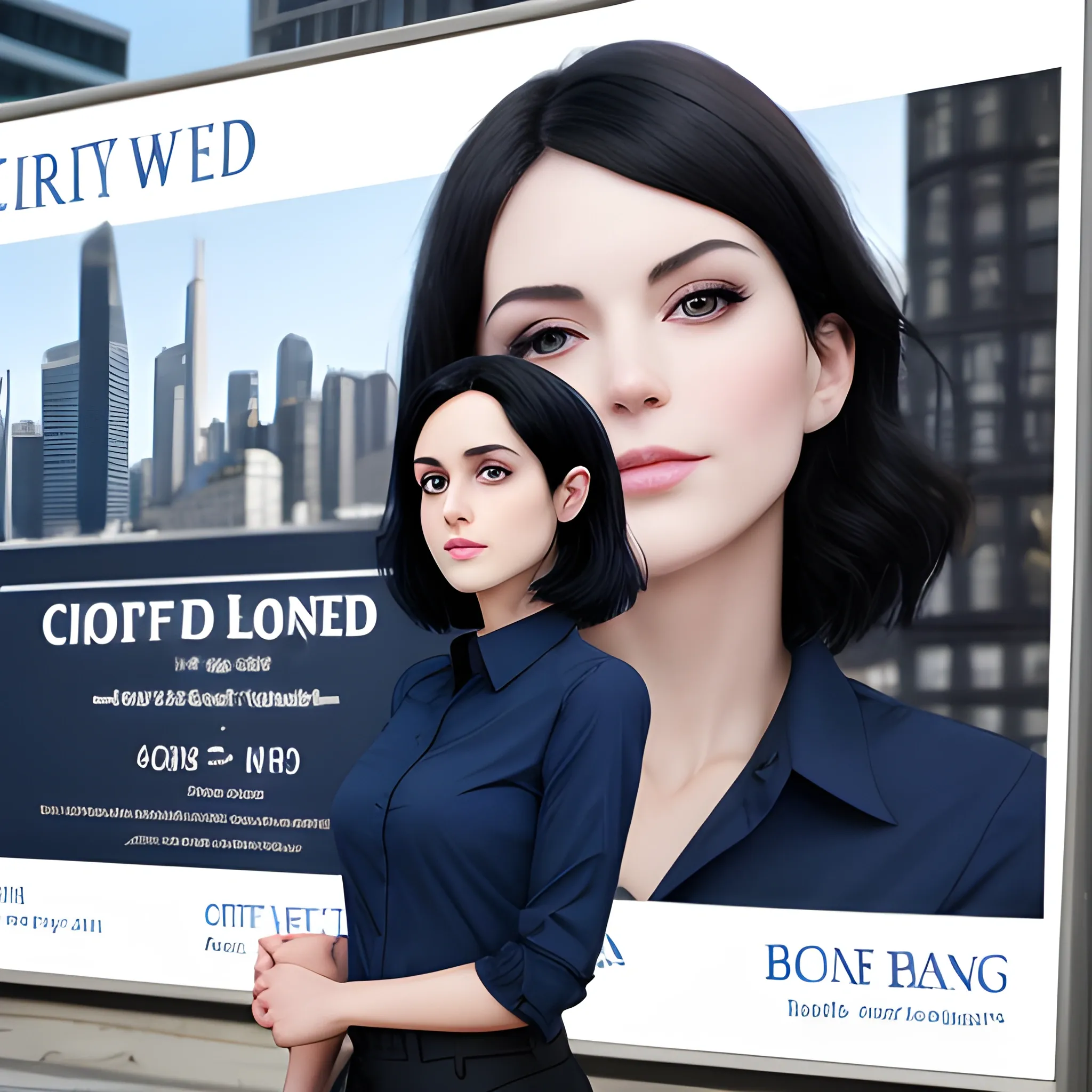 beautiful women, elegant, happy, navy blue long shirt, cream pants, standing in front of city word advertising board, black hair, short hair, good hand, ideal body, slim fit, potrait,  profesional model pose, head follow camera, face advanced, face detail, negative_hand-neg:1.2, perfect finger,  4k, best quality, sharp focus, soft lighting, skinny,