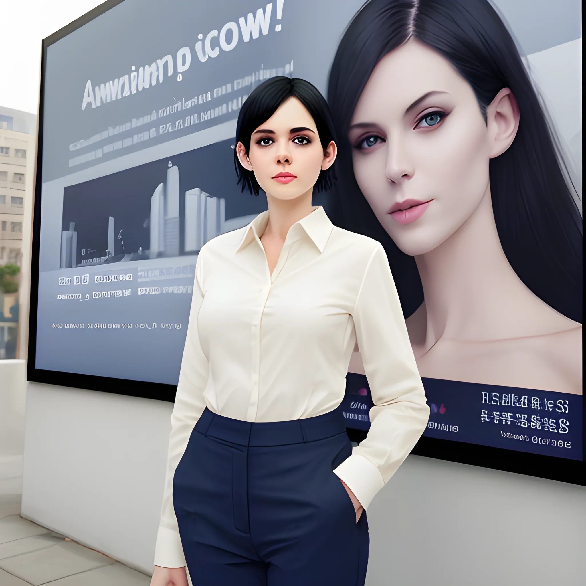 beautiful women, elegant, happy, navy blue long shirt, cream pants, standing in front of city word advertising board, black hair, short hair, good hand, ideal body, slim fit, potrait,  profesional model pose, head follow camera, face advanced, face detail, negative_hand-neg:1.2, perfect finger,  4k, best quality, sharp focus, soft lighting, skinny,