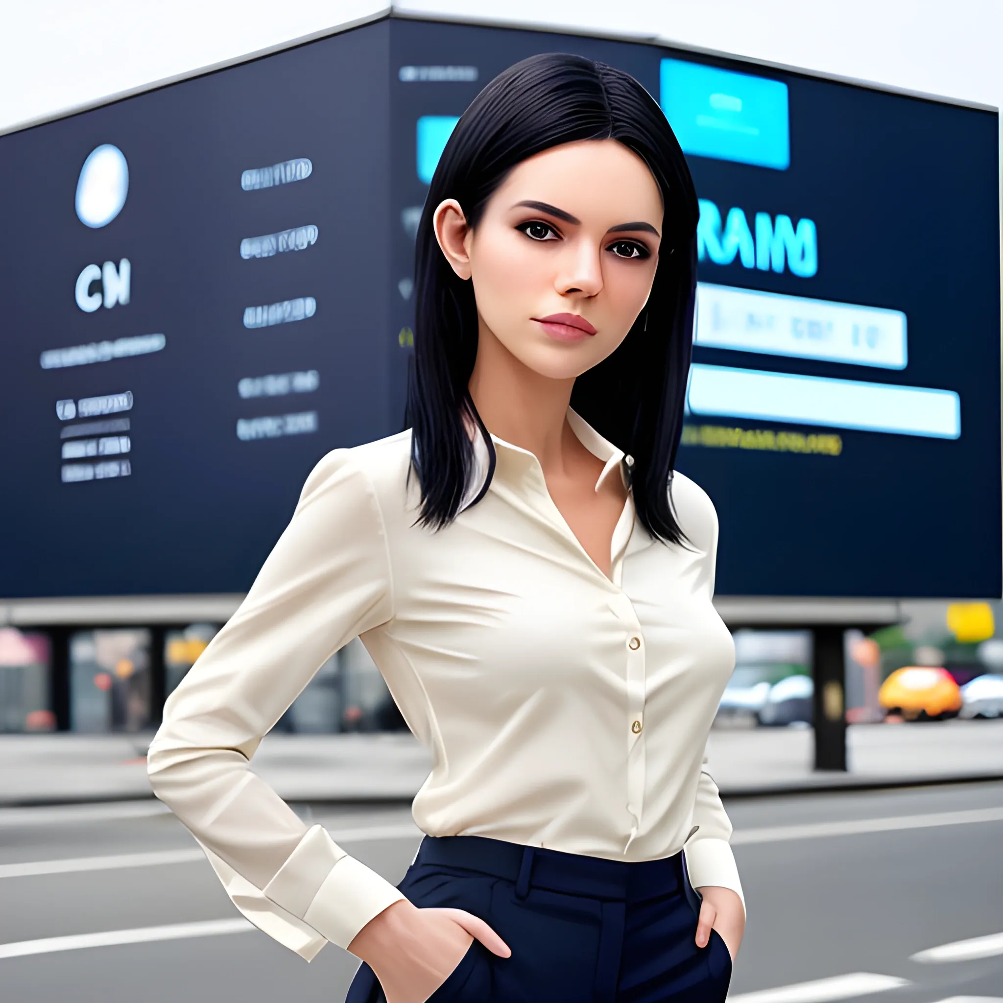 beautiful women, elegant, happy, navy blue long shirt, cream pants, standing in front of city word advertising board, black hair, short hair, good hand, ideal body, slim fit, potrait,  profesional model pose, head follow camera, face advanced, face detail, negative_hand-neg:1.2, perfect finger,  4k, best quality, sharp focus, soft lighting, skinny,