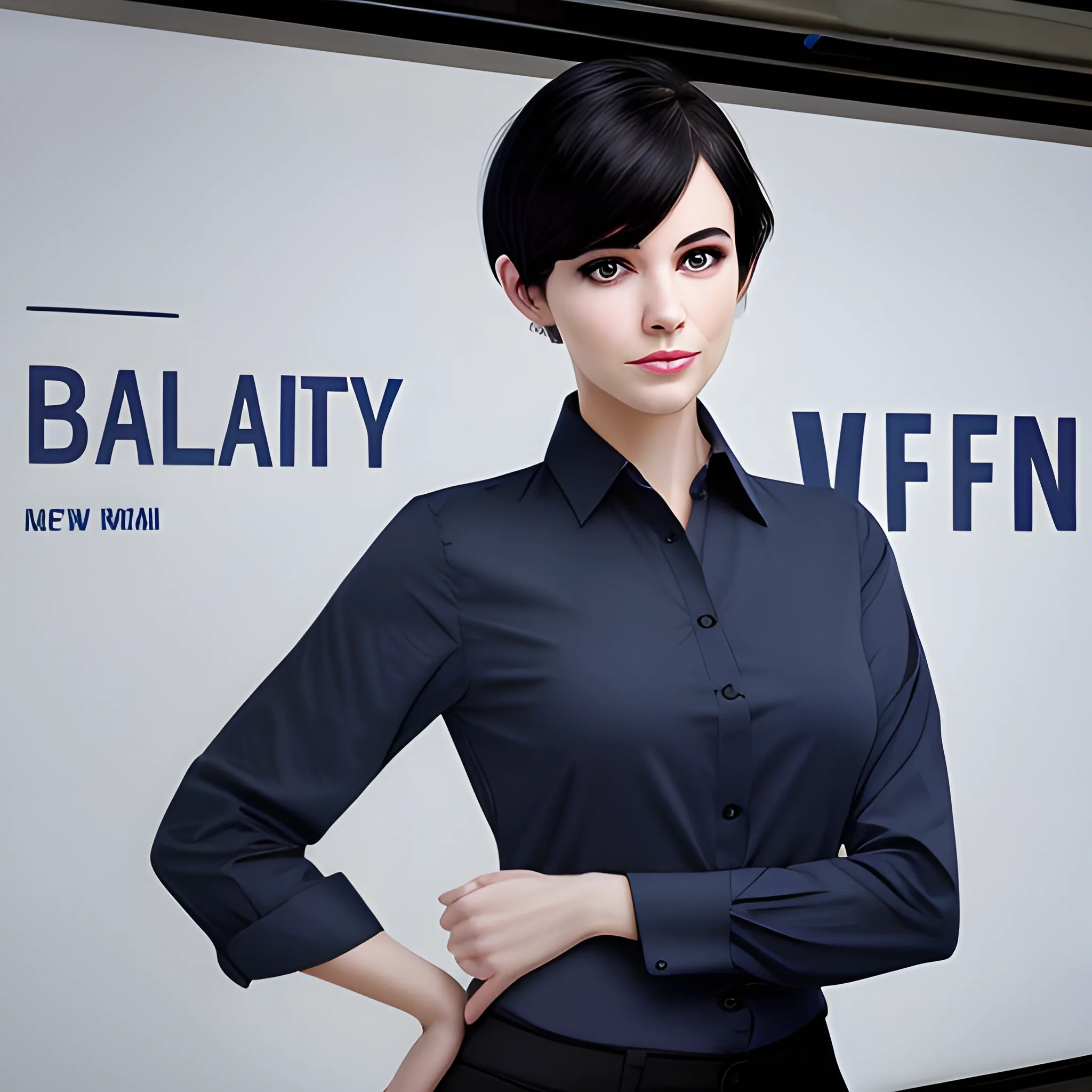 beautiful women, elegant, happy, navy blue long shirt, cream pants, standing in front of city word advertising board, black hair, short hair, good hand, ideal body, slim fit, potrait,  profesional model pose, head follow camera, face advanced, face detail, negative_hand-neg:1.2, perfect finger,  4k, best quality, sharp focus, soft lighting, skinny,