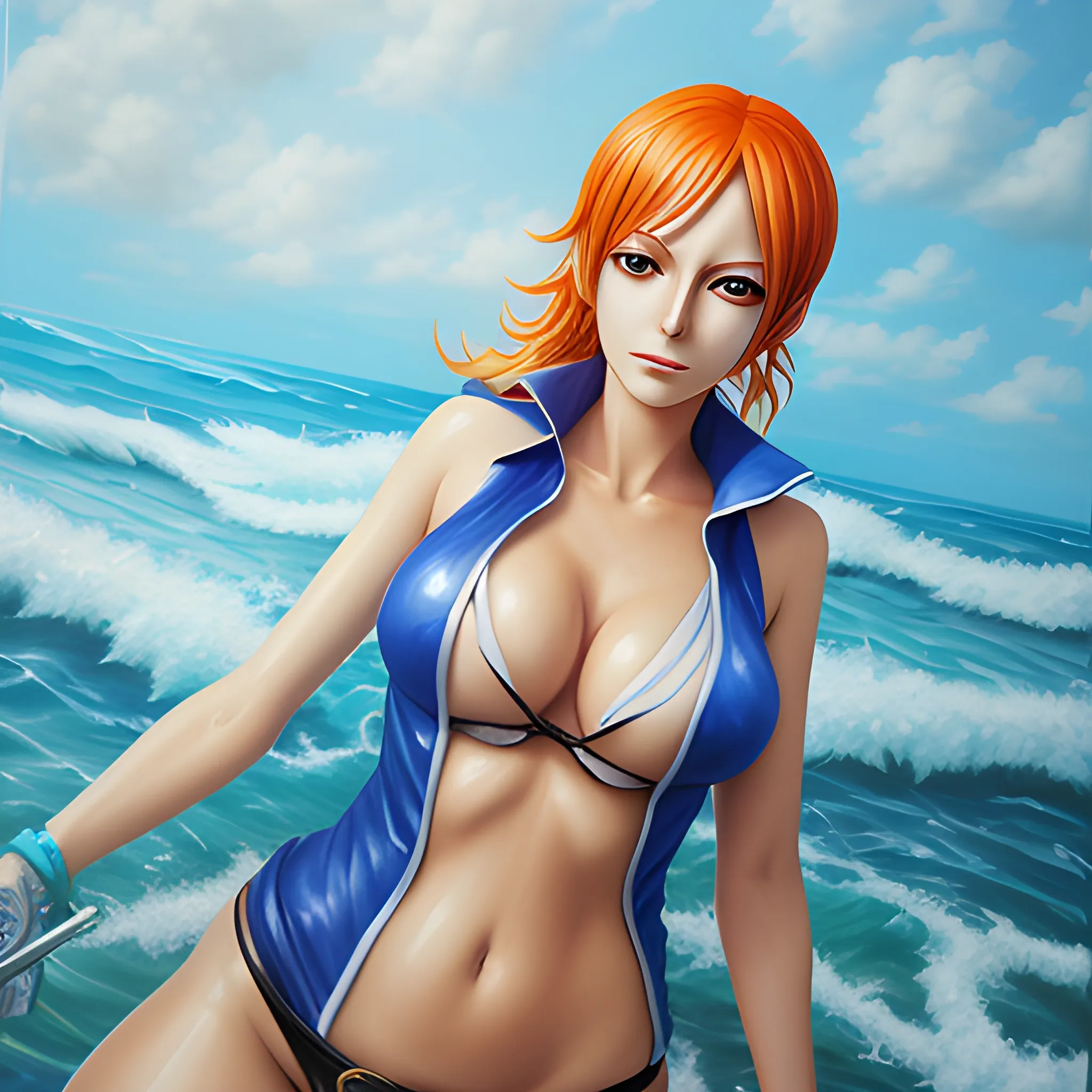 highly deitaled,sexy, realistic, nami, one piece, Oil Painting, cosplay