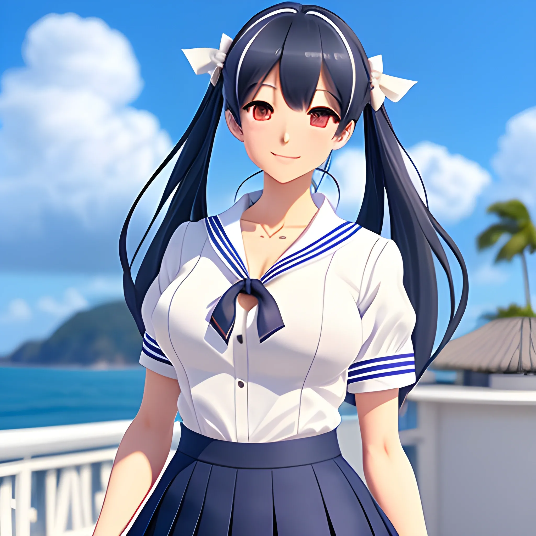 Ai Hoshino(Oshi No Ko), (best quality, 8K, masterpiece, ultra detailed:1.2), dynamic pose, cinematic angle, cowboy shot, light particles, sparkle, beautiful detailed eyes, shiny skin, shiny hair, day, dappled sunlight, blue sky, beautiful clouds, beach, wide shot, depth of field, blurry, sailing boats, ocean, seagull, islands in distance, 1girl, solo, skirt, smile, cute, happy, open mouth, sailor collar, shirt, pleated skirt, short sleeves, :d, school uniform, serafuku, collarbone, ribbon, bow, 