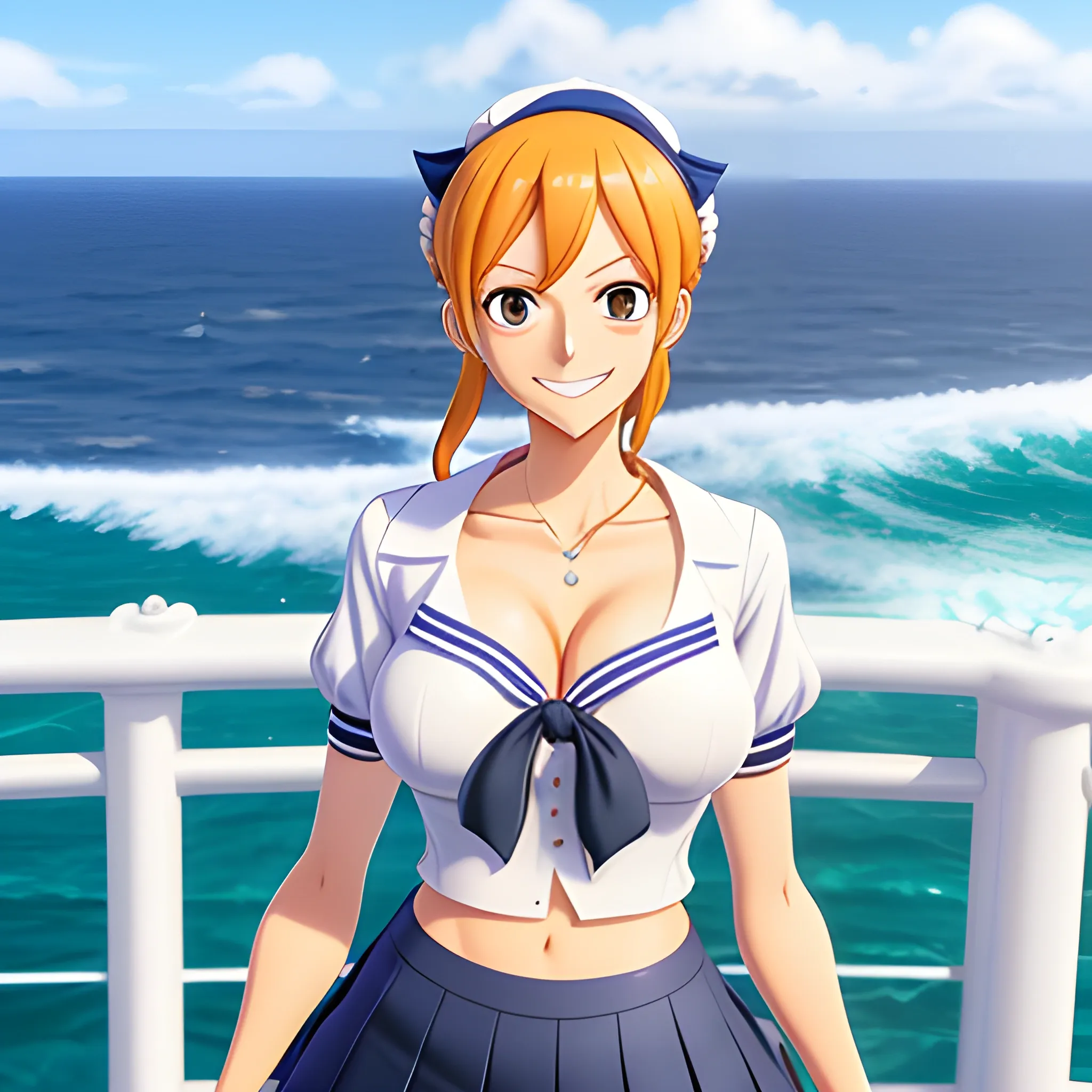 Nami (One Piece), (best quality, 8K, masterpiece, ultra detailed:1.2), dynamic pose, cinematic angle, cowboy shot, light particles, sparkle, beautiful detailed eyes, shiny skin, shiny hair, day, dappled sunlight, blue sky, beautiful clouds, beach, wide shot, depth of field, blurry, sailing boats, ocean, seagull, islands in distance, 1girl, solo, skirt, smile, cute, happy, open mouth, sailor collar, shirt, pleated skirt, short sleeves, :d, school uniform, serafuku, collarbone, ribbon, bow, 