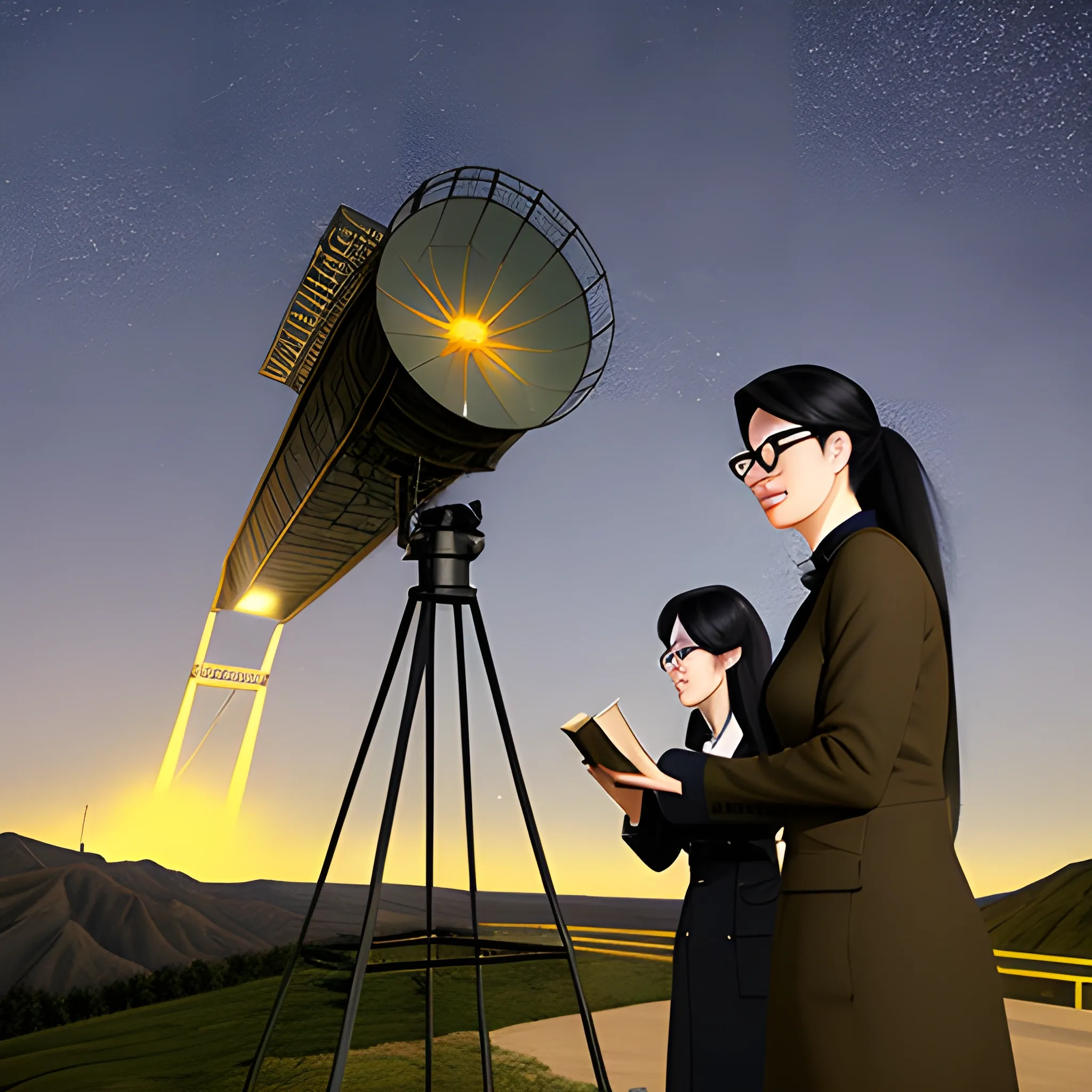 In front of the hilltop radar ground station, a beautiful 16-year-old long-haired Chinese girl and a bespectacled, tousled-haired Chinese teenager are observing the stars in front of an astronomical telescope, Another handsome teenager was watching with a book. Movie light and shadow effect, master texture, good details, Cartoon