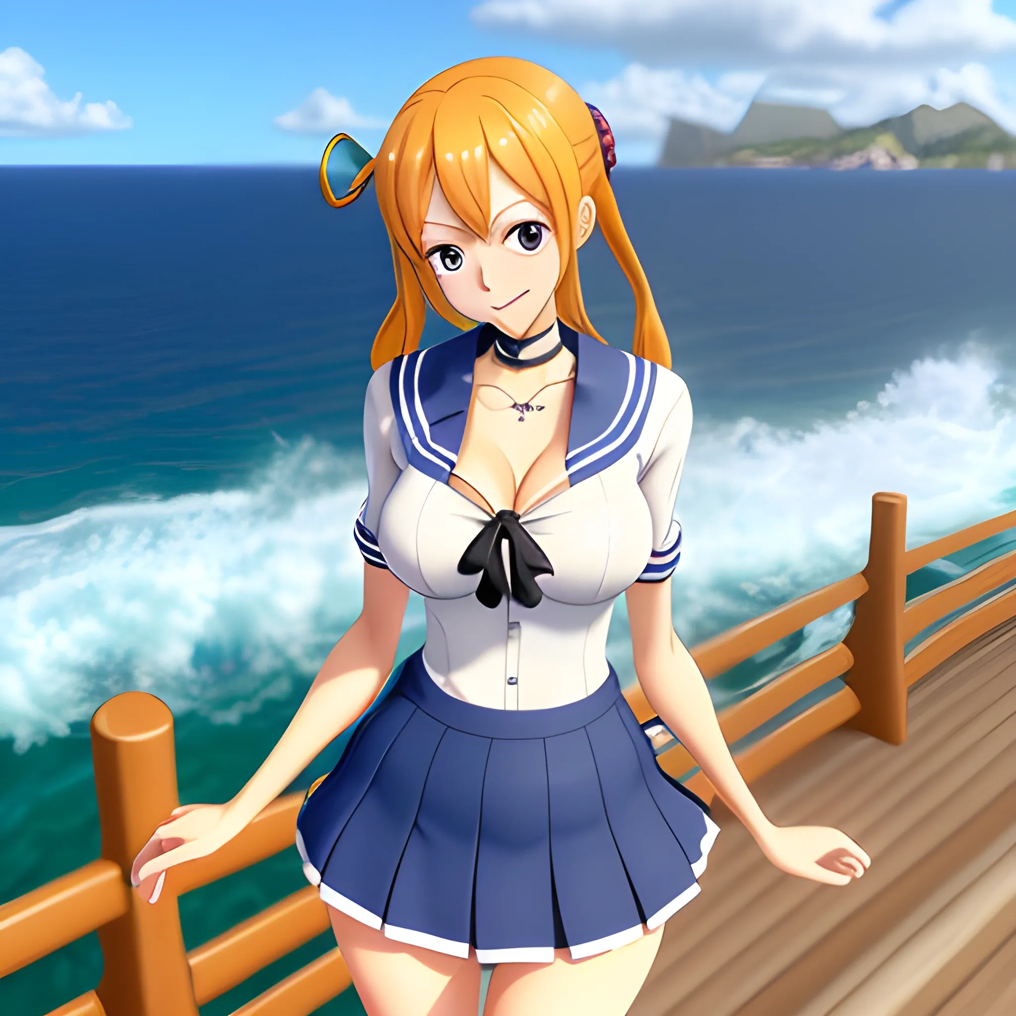 Nami (One Piece), (best quality, 8K, masterpiece, ultra detailed:1.2), dynamic pose, cinematic angle, cowboy shot, light particles, sparkle, beautiful detailed eyes, shiny skin, shiny hair, day, dappled sunlight, blue sky, beautiful clouds, beach, wide shot, depth of field, blurry, sailing boats, ocean, seagull, islands in distance, 1girl, solo, skirt, smile, cute, happy, open mouth, sailor collar, shirt, pleated skirt, short sleeves, :d, school uniform, serafuku, collarbone, ribbon, bow, , Trippy