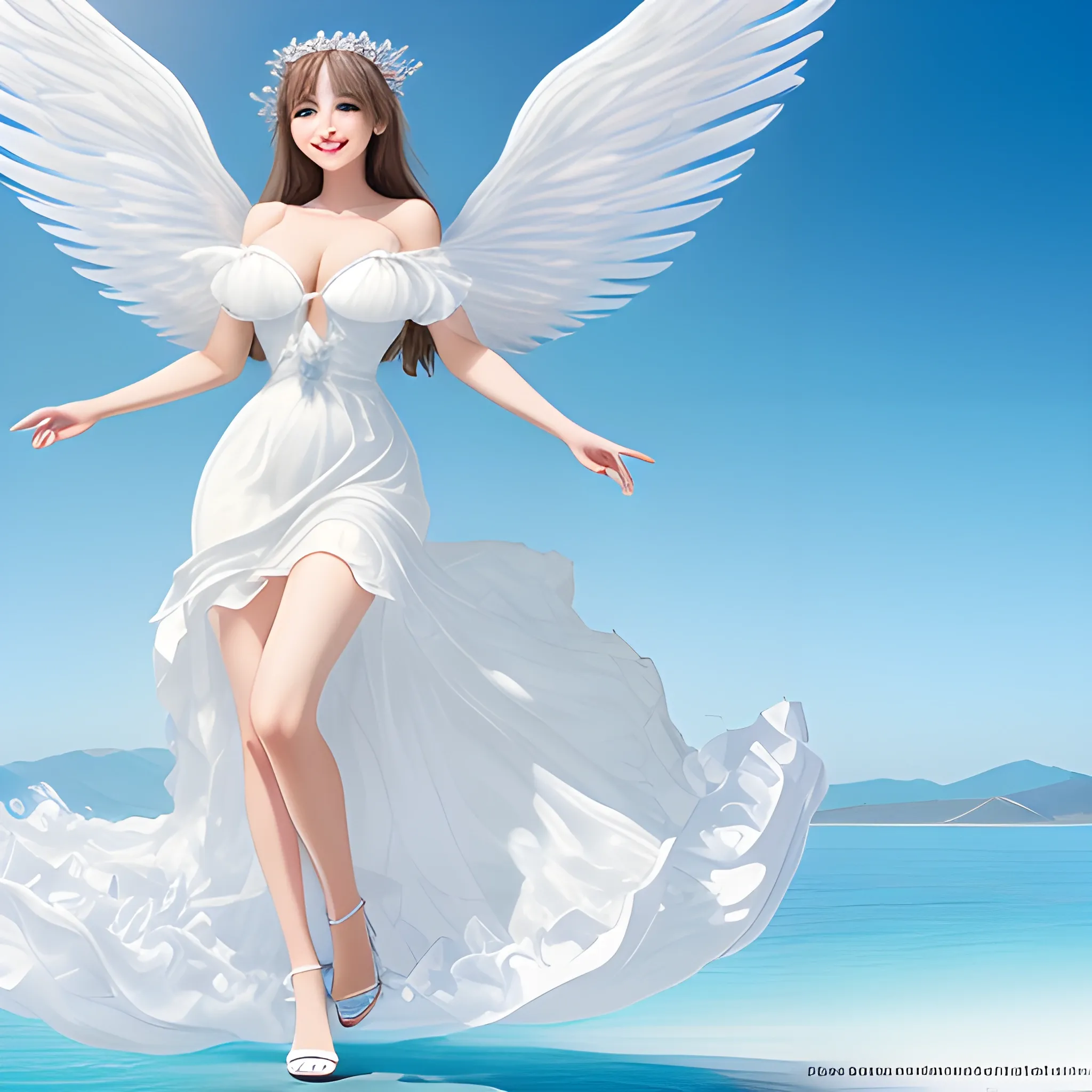 ((masterpiece)), ((best quality)), (exquisite), 8k, beautiful, wing on back, floating, cute angel, smile, full body, large breasts, white gossamer dress, sandals, blue sky, under view