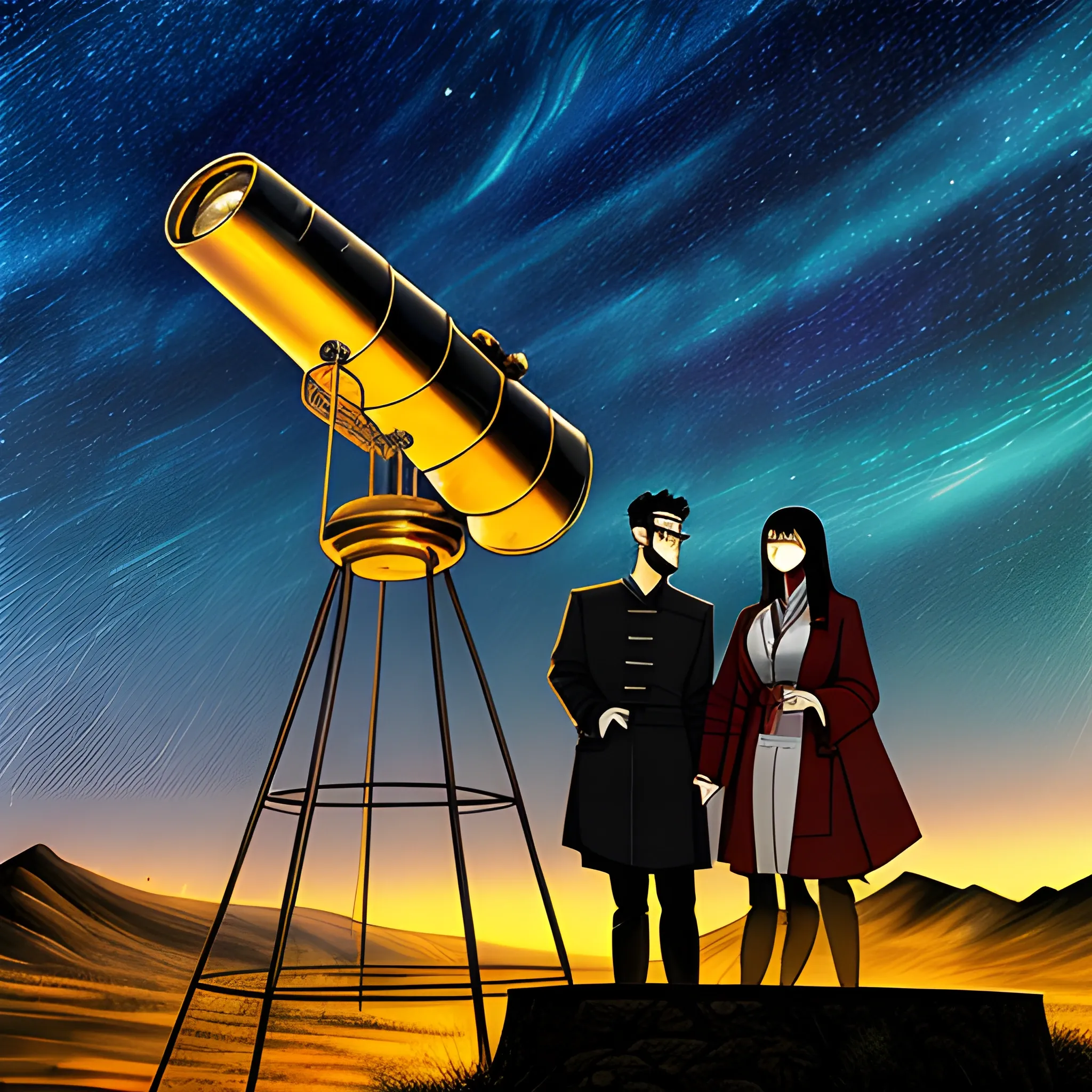 In front of the hilltop radar ground station, a beautiful 16-year-old long-haired Chinese girl and a bespectacled, tousled-haired Chinese teenager are observing the stars in front of an astronomical telescope, Another handsome teenager was watching with a book. Movie light and shadow effect, master texture, good details, Cartoon, Oil Painting