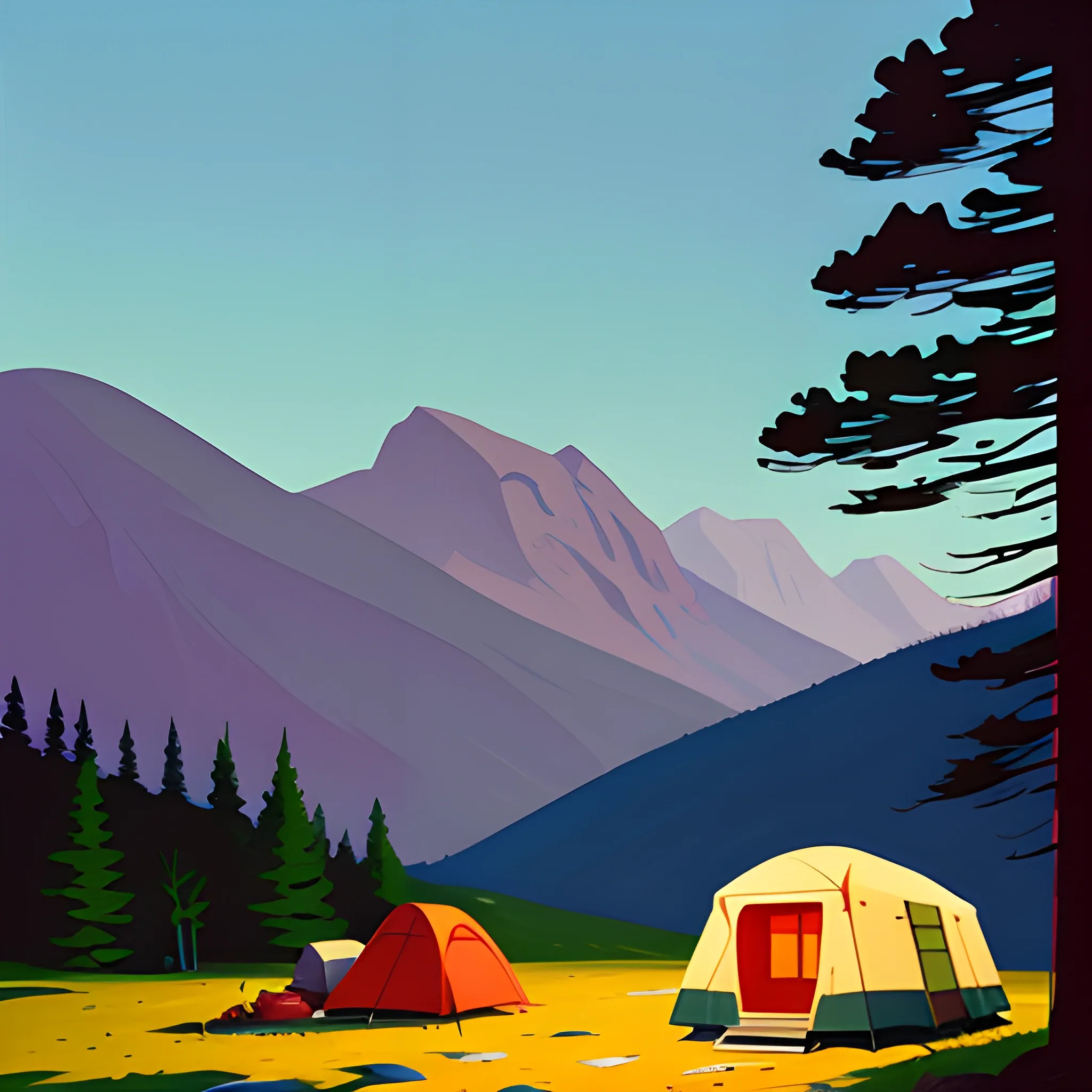 camping in the mountains, very coherent, painted by Edward Hopper, painted by James Gilleard, acrylic painting