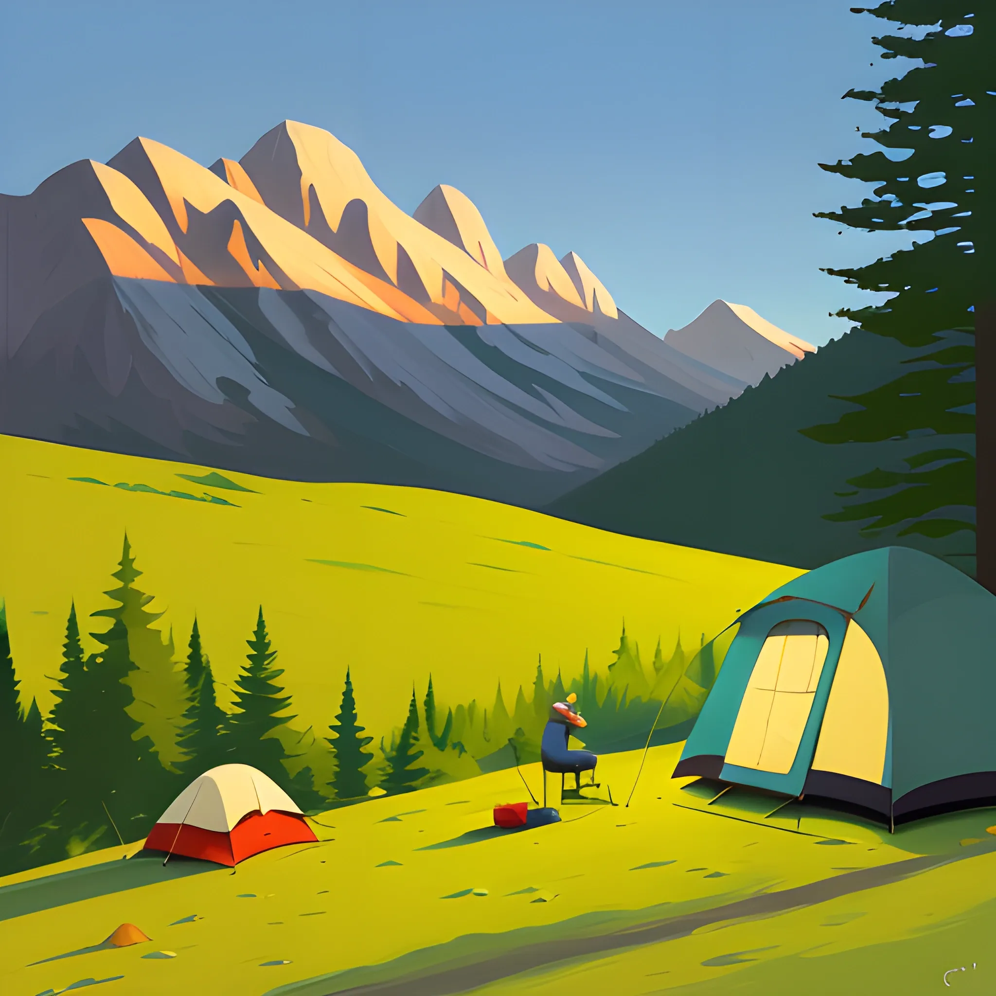 simple camping in the mountains, very coherent, painted by Edward Hopper, painted by James Gilleard, acrylic painting