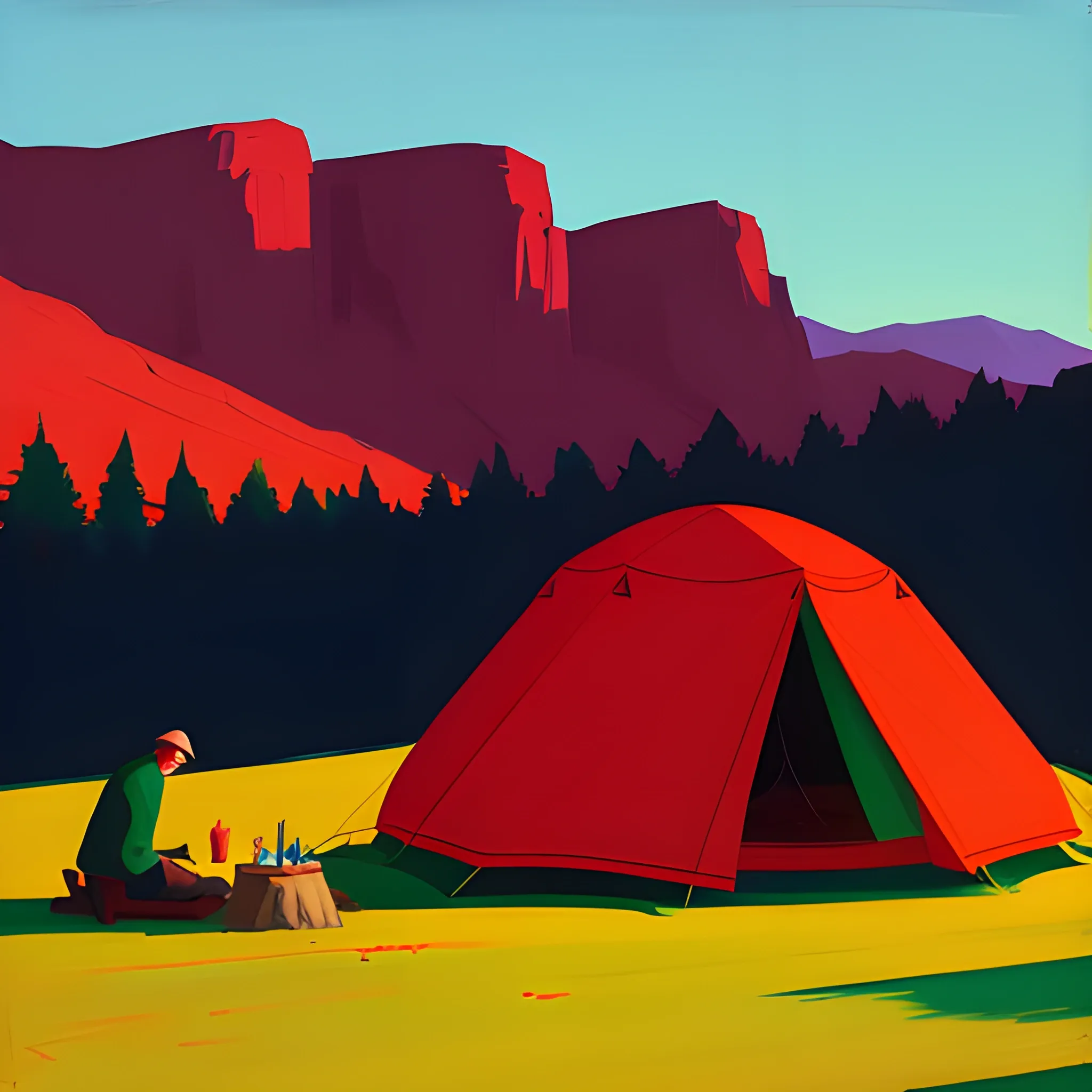 simple camping in the mountains, red tent, very coherent, painted by Edward Hopper, painted by James Gilleard, acrylic painting, chiaroscuro