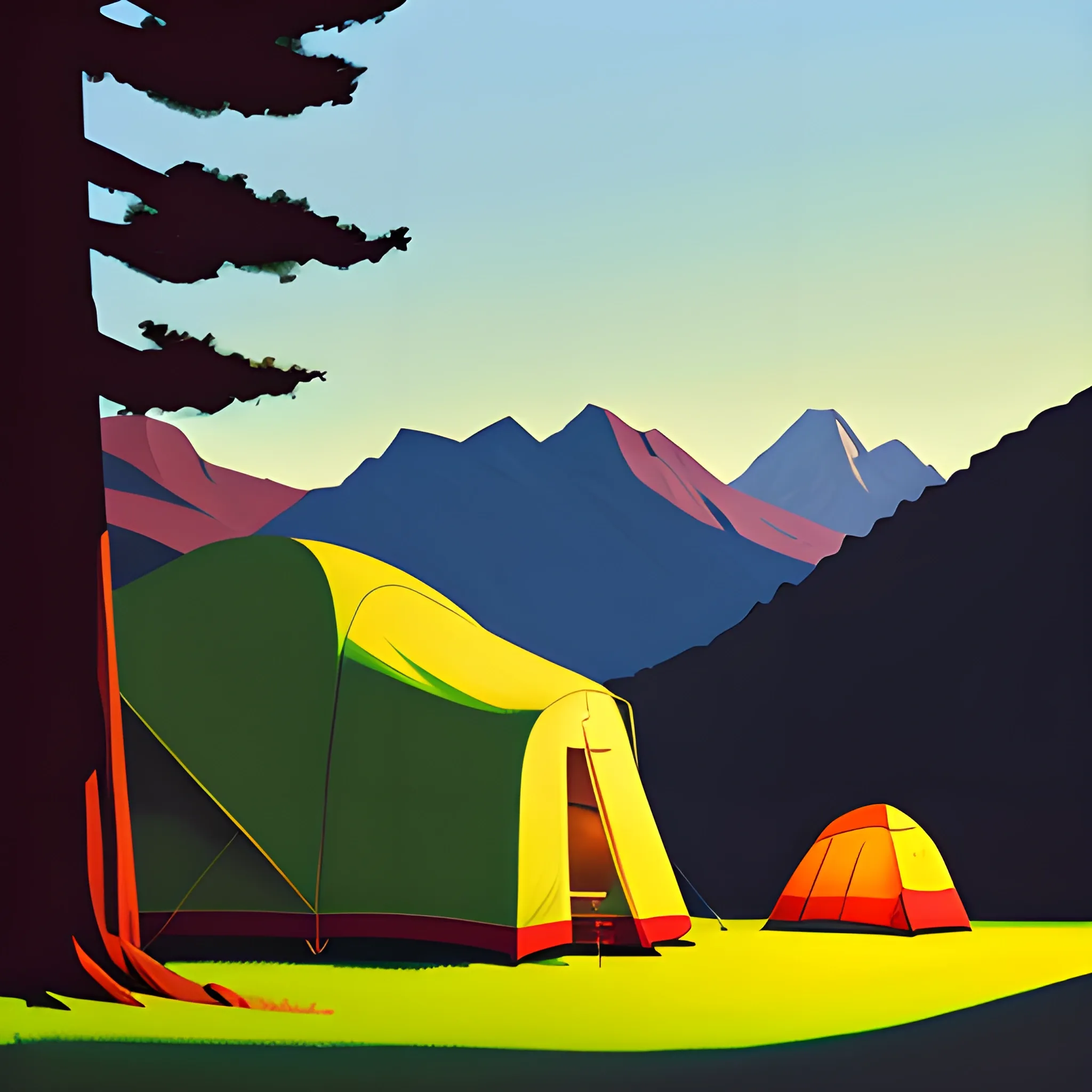 simple camping in the mountains, very coherent, painted by Edward Hopper, painted by James Gilleard, acrylic painting, chiaroscuro