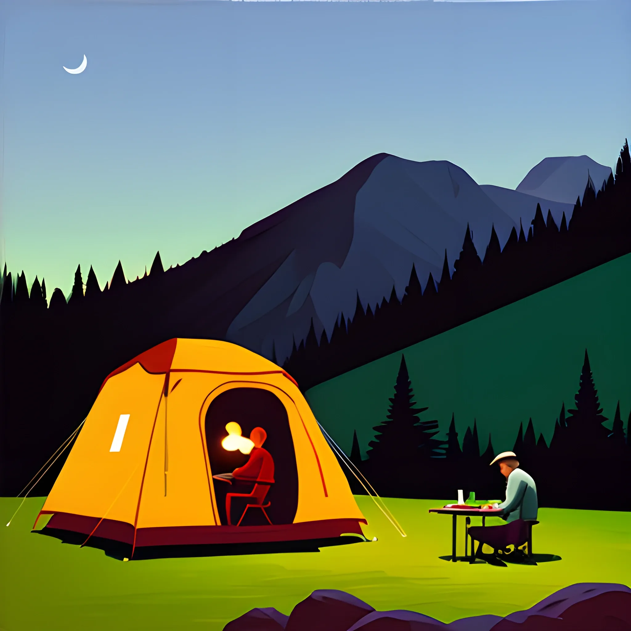 camping in the mountains, very coherent, painted by Edward Hopper, painted by James Gilleard, acrylic painting, chiaroscuro