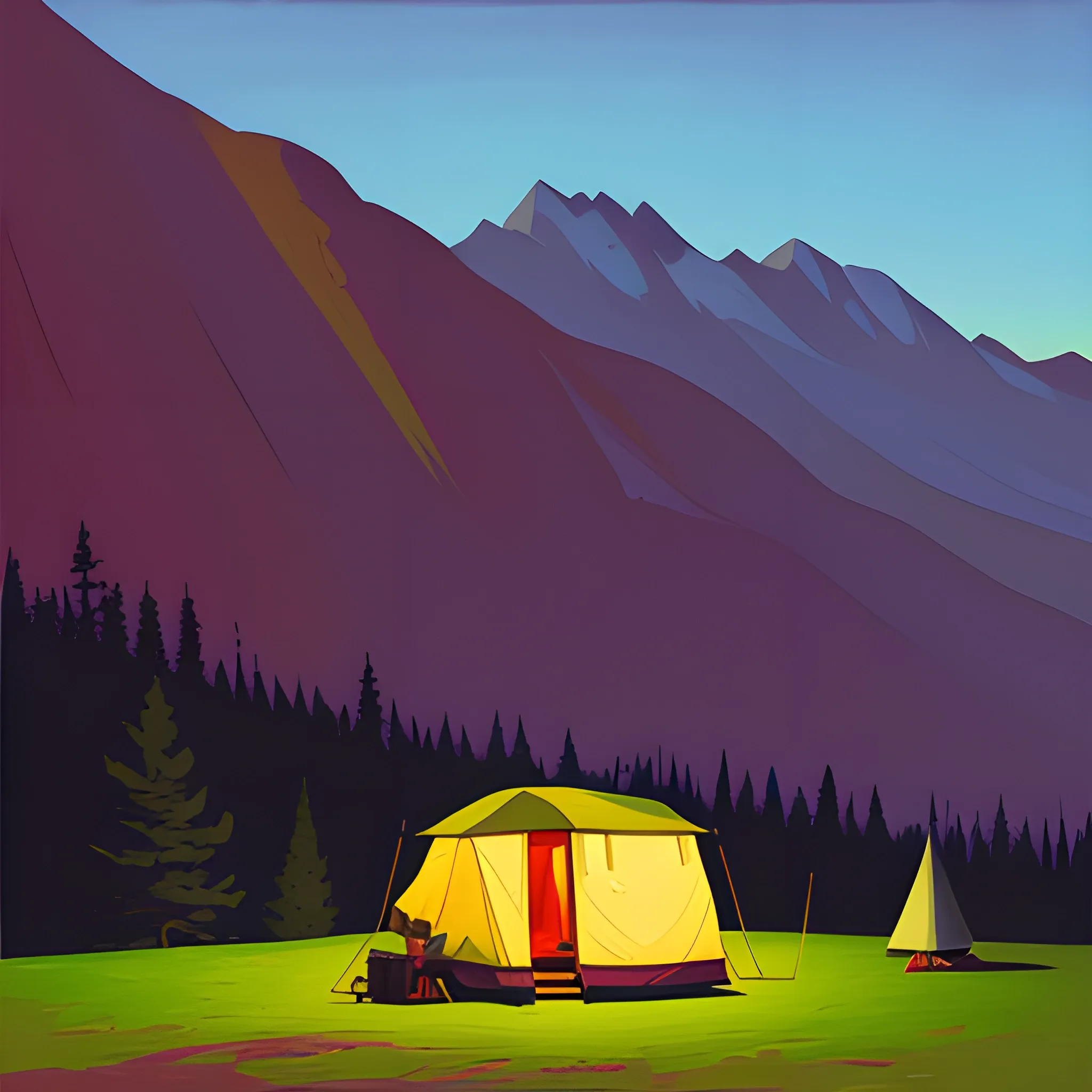 camping in the mountains, beautiful BC, empty, very coherent, painted by Edward Hopper, painted by James Gilleard, acrylic painting, chiaroscuro