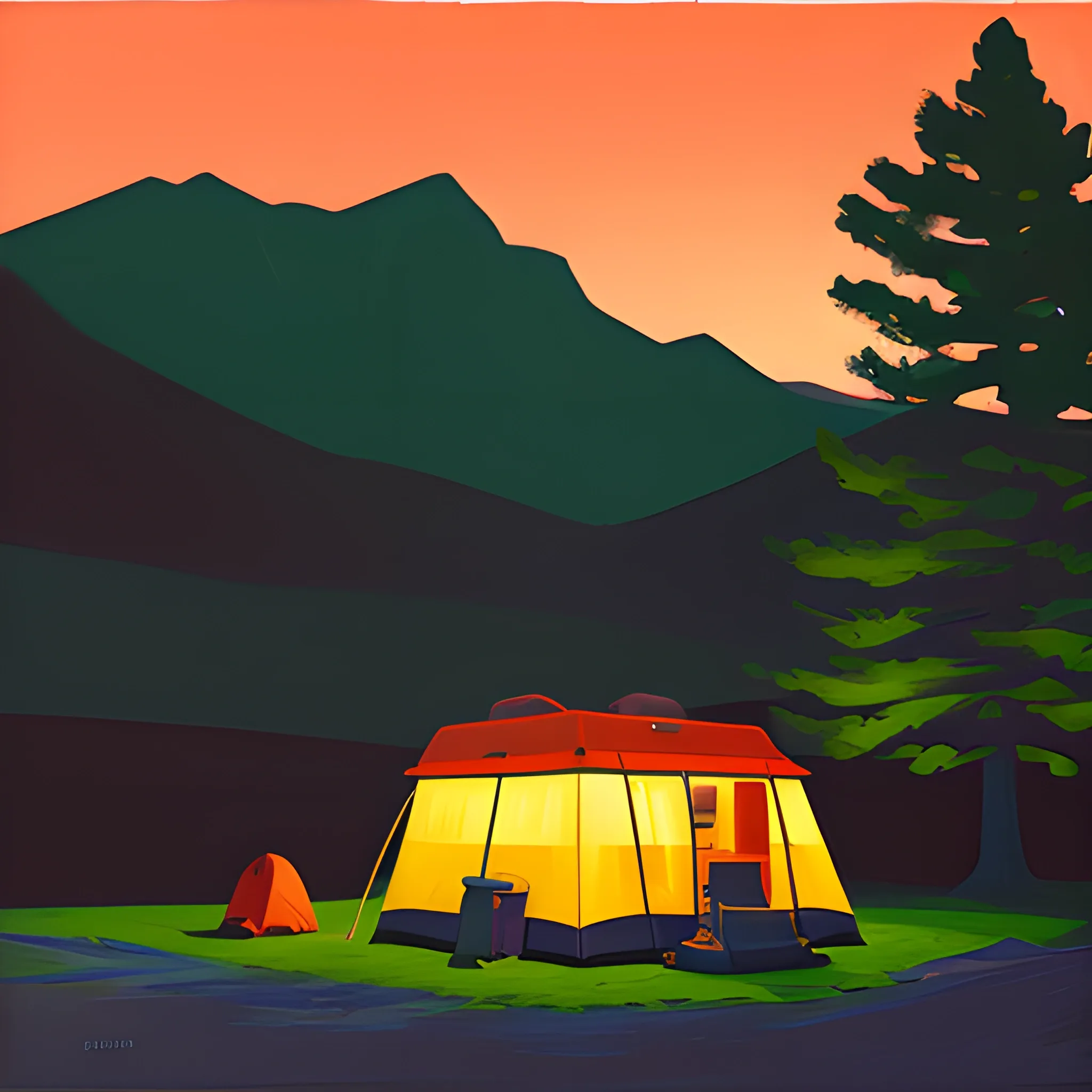 camp site in the mountains, evening, empty, very coherent, painted by Edward Hopper, painted by James Gilleard, acrylic painting, chiaroscuro