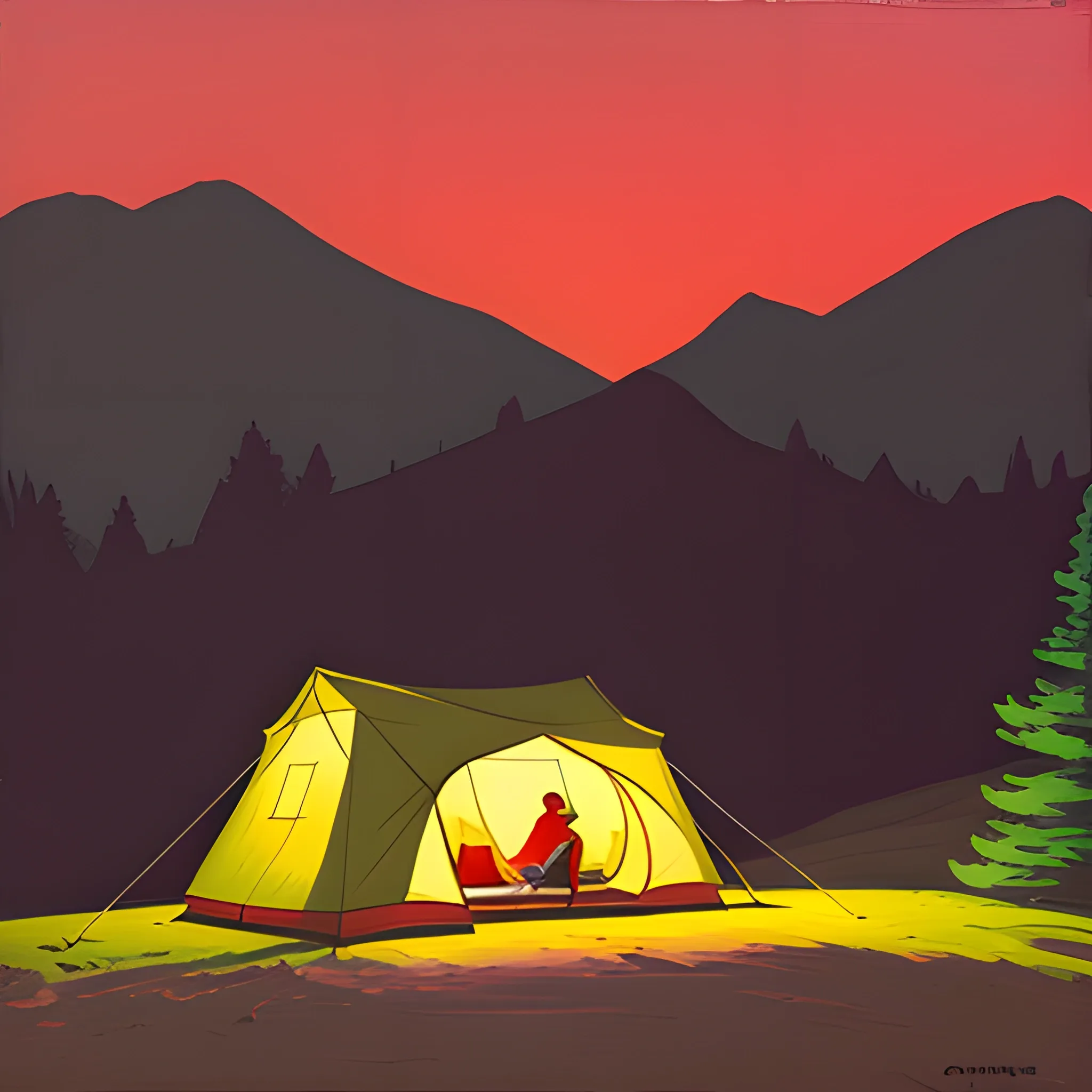 camping in the mountains, tent, evening, empty, very coherent, painted by Edward Hopper, painted by James Gilleard, acrylic painting, chiaroscuro