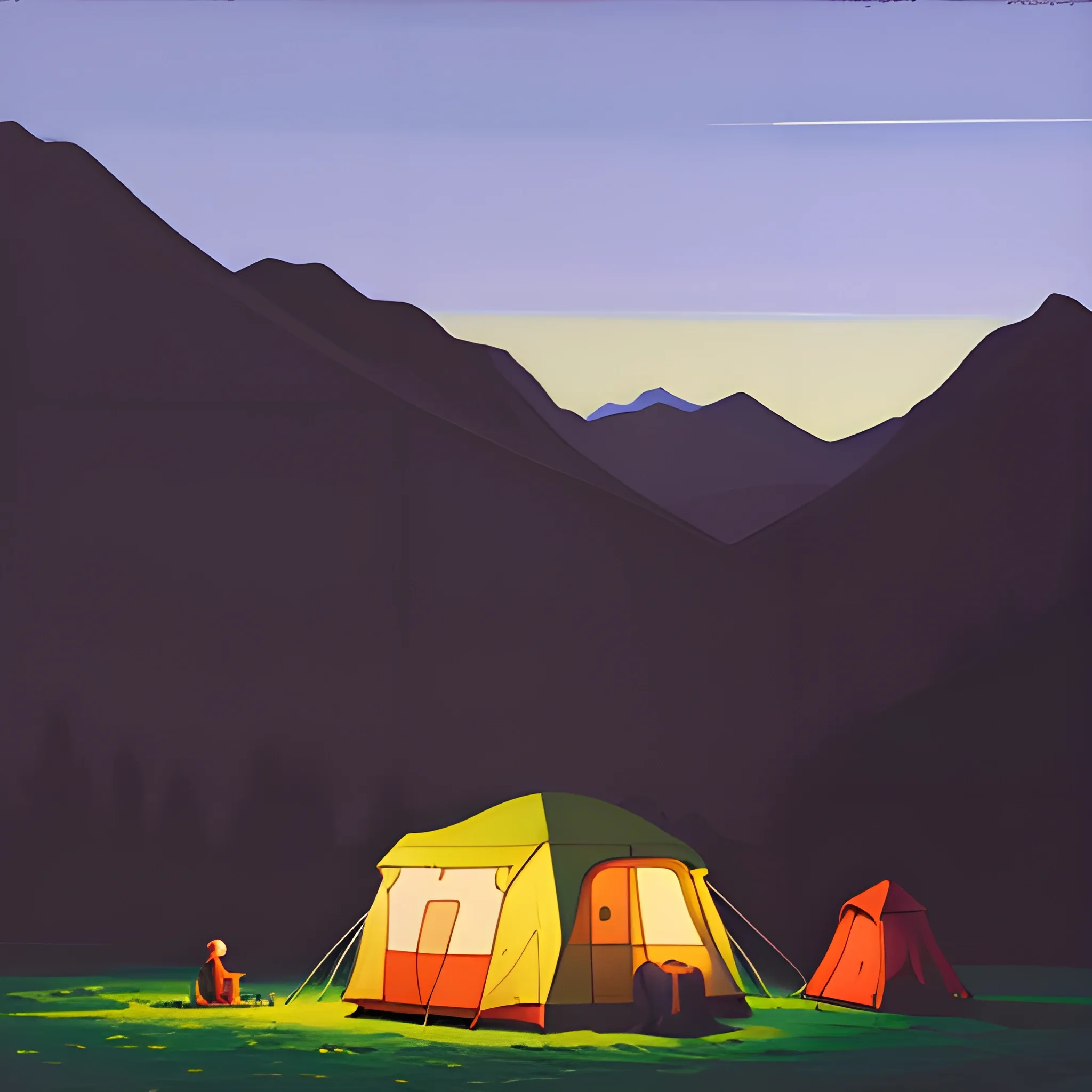 camping in the mountains, evening, empty, very coherent, painted by Edward Hopper, painted by James Gilleard, acrylic painting, chiaroscuro