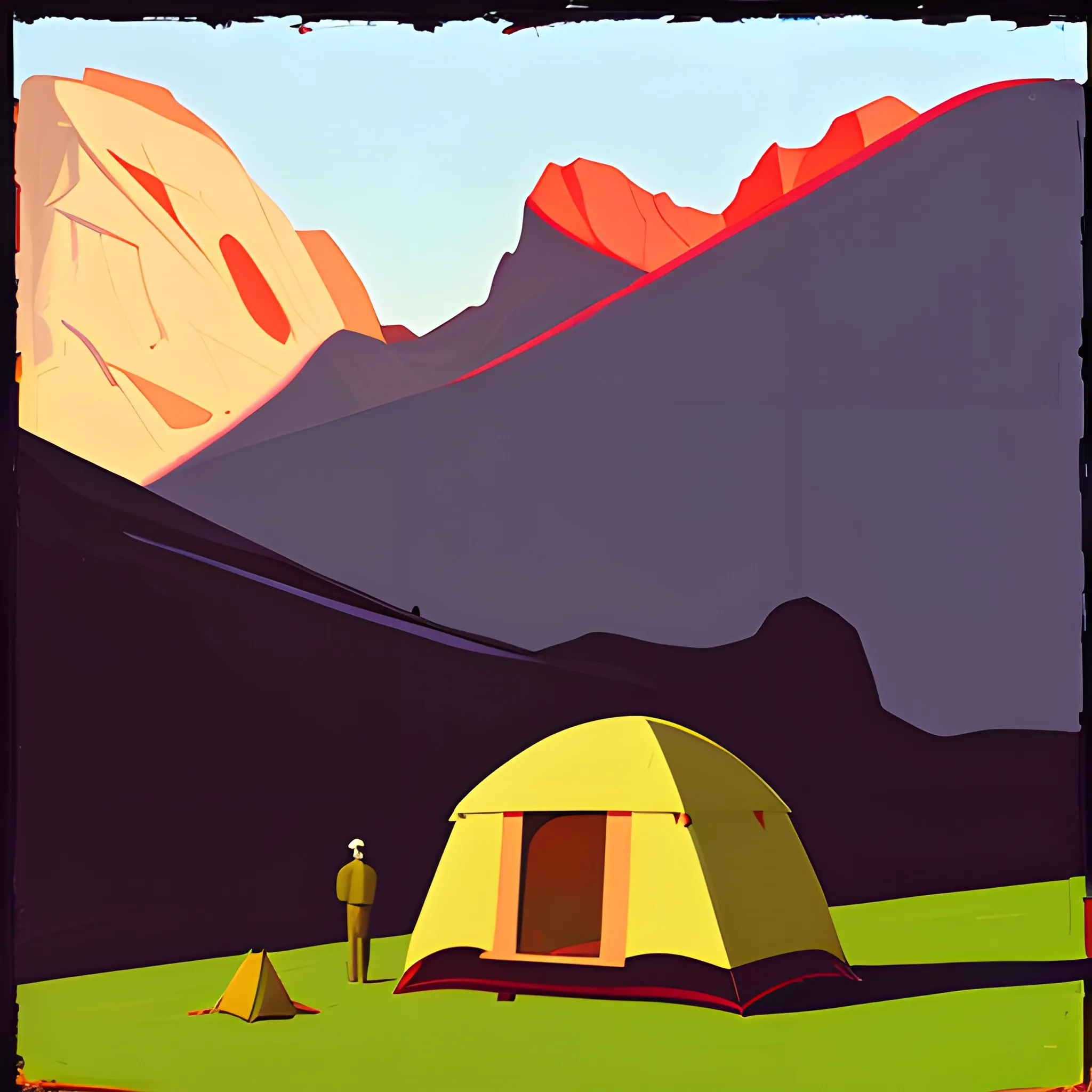 camping in the mountains, empty, very coherent, painted by Edward Hopper, painted by James Gilleard, acrylic painting, chiaroscuro