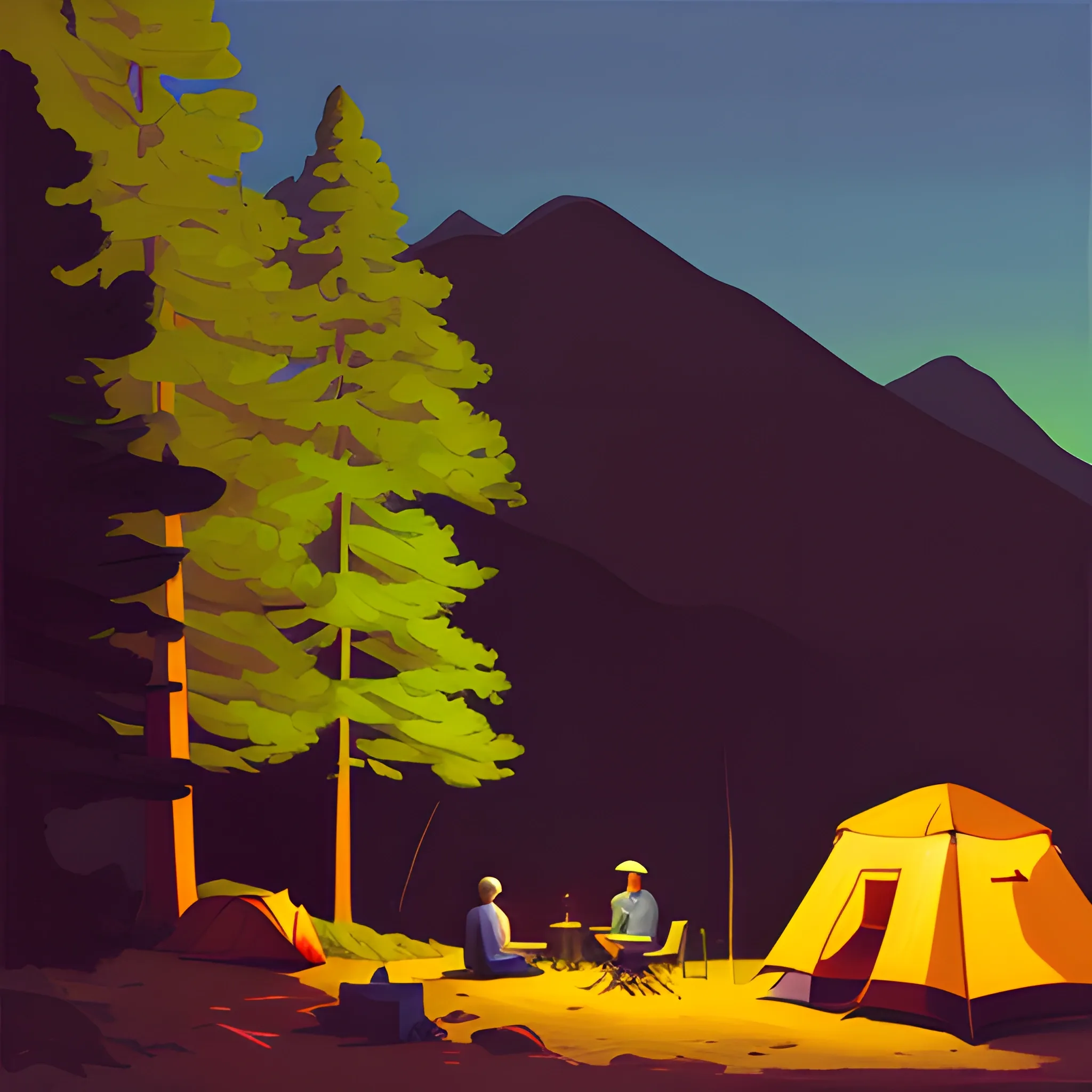 camping in the mountains, evening, very coherent, painted by Edward Hopper, painted by James Gilleard, acrylic painting, chiaroscuro