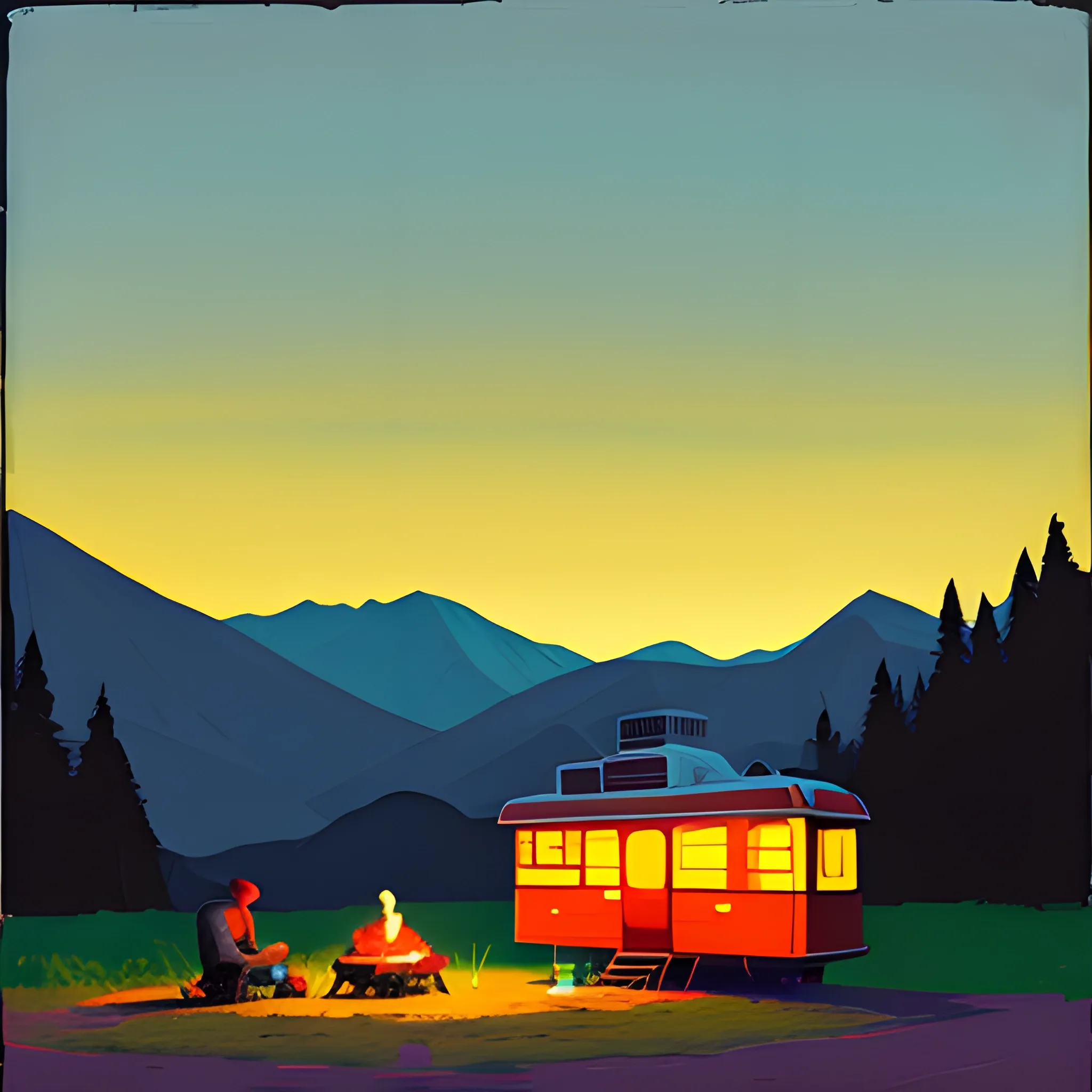 camping in the mountains, evening, empty, very coherent, painted by Edward Hopper, painted by James Gilleard, acrylic painting, chiaroscuro