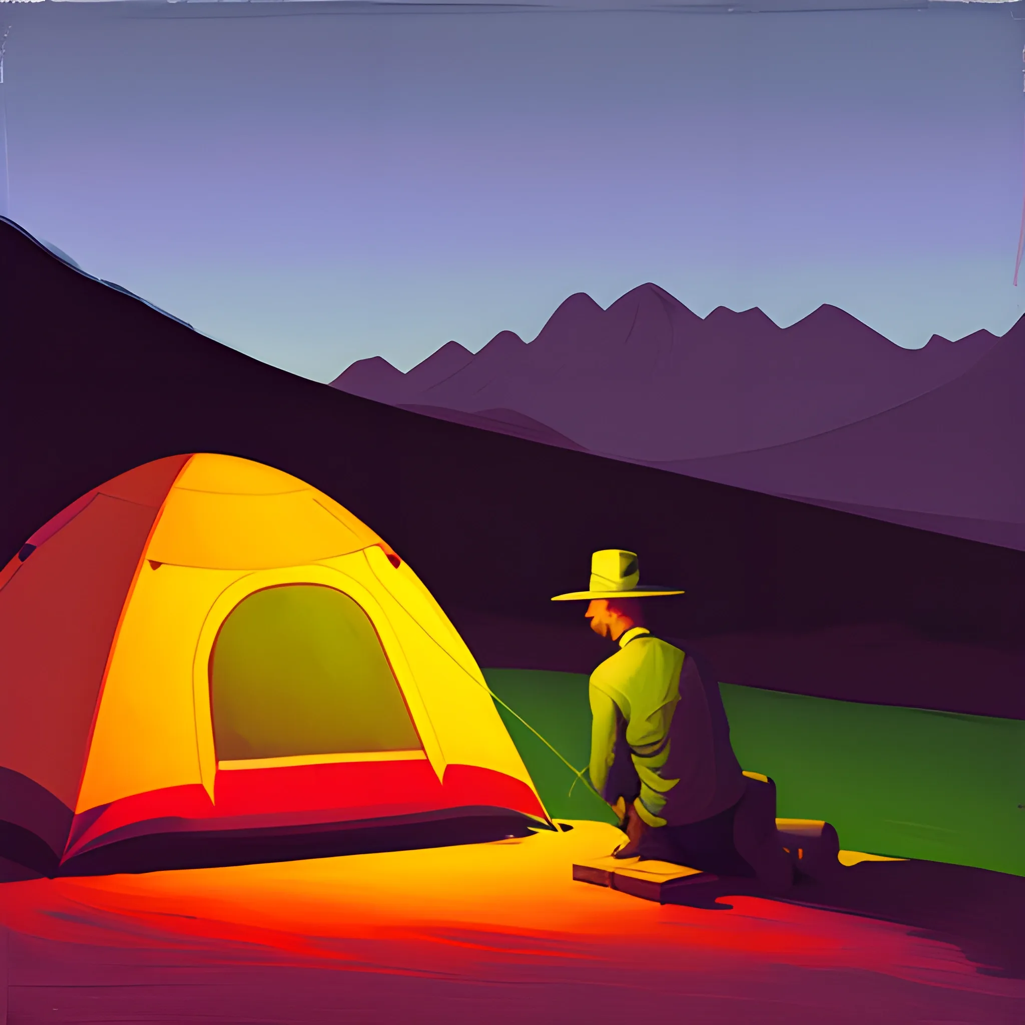 tent camping in the mountains, evening, empty, very coherent, painted by Edward Hopper, painted by James Gilleard, acrylic painting, chiaroscuro