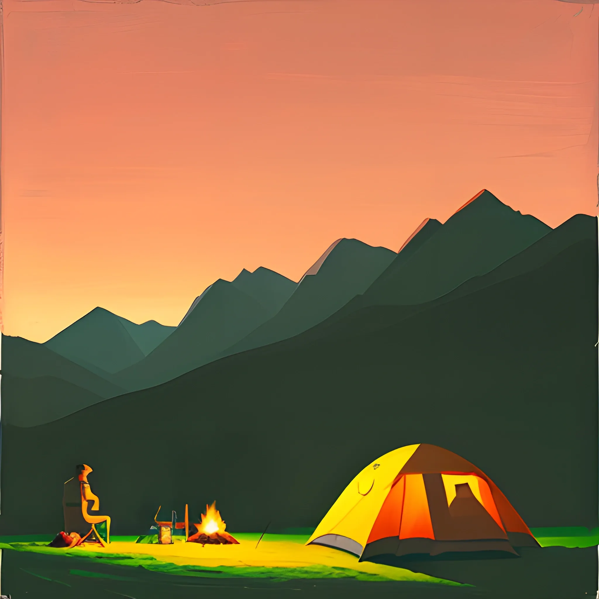 camping in the mountains, tent, very coherent, painted by Edward Hopper, painted by James Gilleard, acrylic painting, chiaroscuro