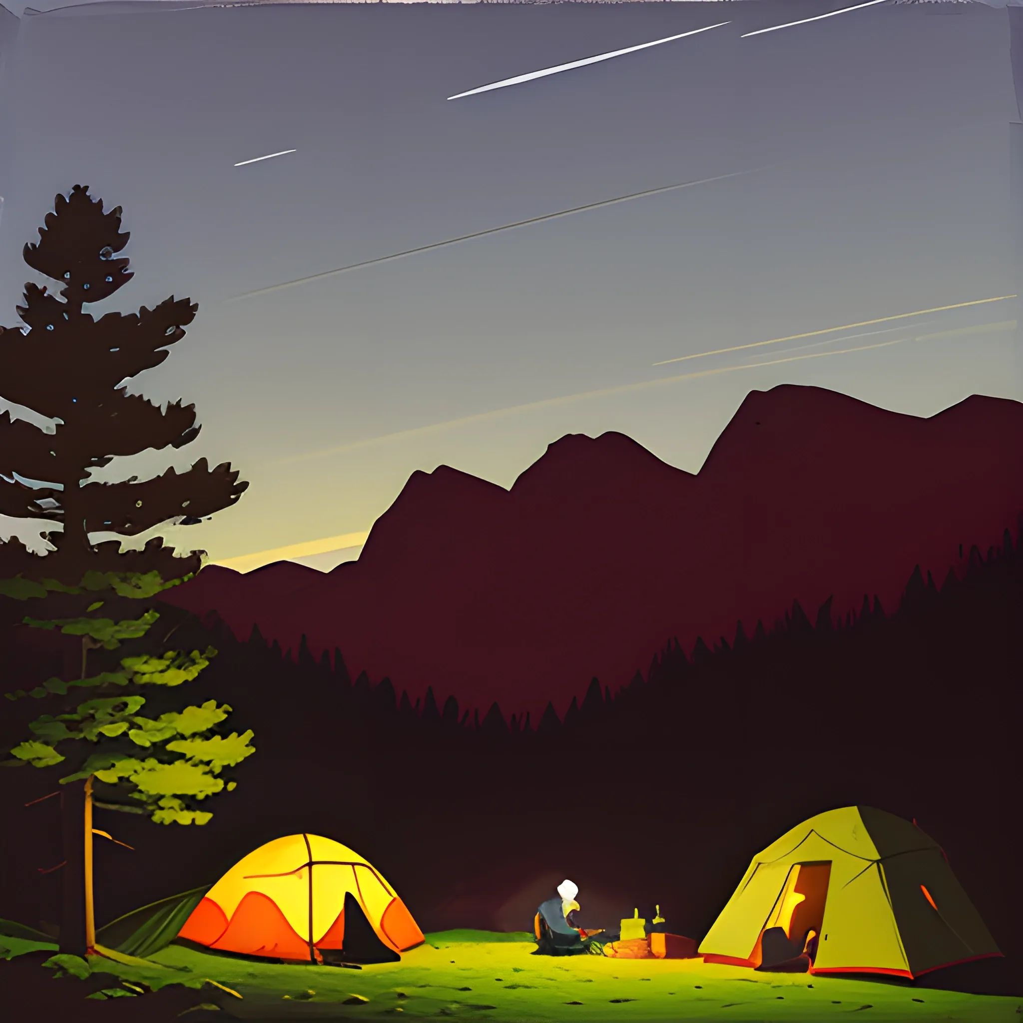 camping in the mountains, evening, very coherent, painted by Edward Hopper, painted by James Gilleard, acrylic painting, chiaroscuro