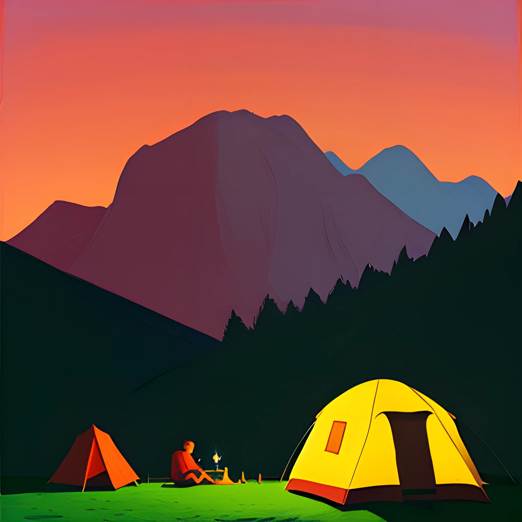 camping in the mountains, evening, very coherent, painted by Edward Hopper, painted by James Gilleard, acrylic painting, chiaroscuro