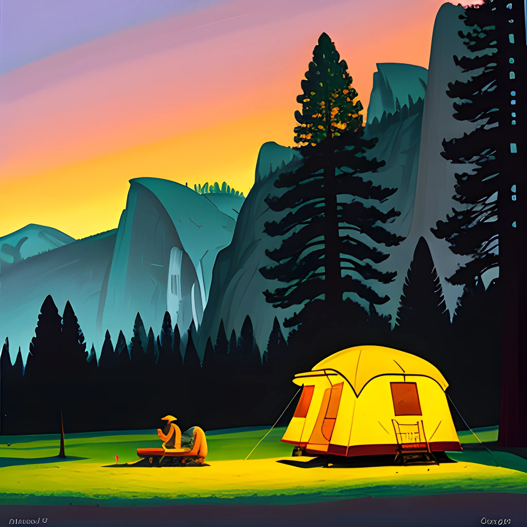 camping in yosemite, evening, very coherent, painted by Edward Hopper, painted by James Gilleard, acrylic painting, chiaroscuro