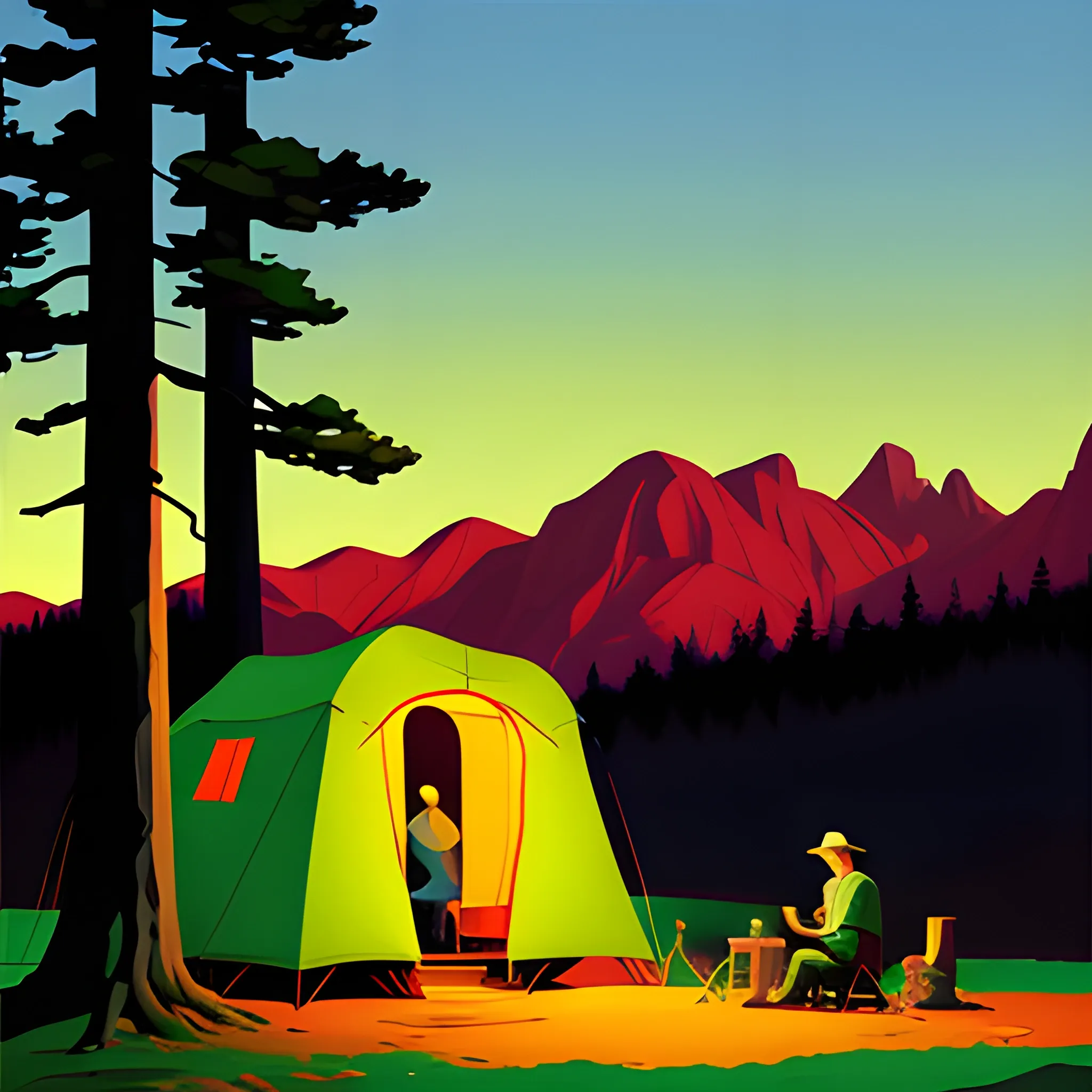 camping in the mountains, evening, very coherent, painted by Edward Hopper, painted by James Gilleard, acrylic painting, chiaroscuro