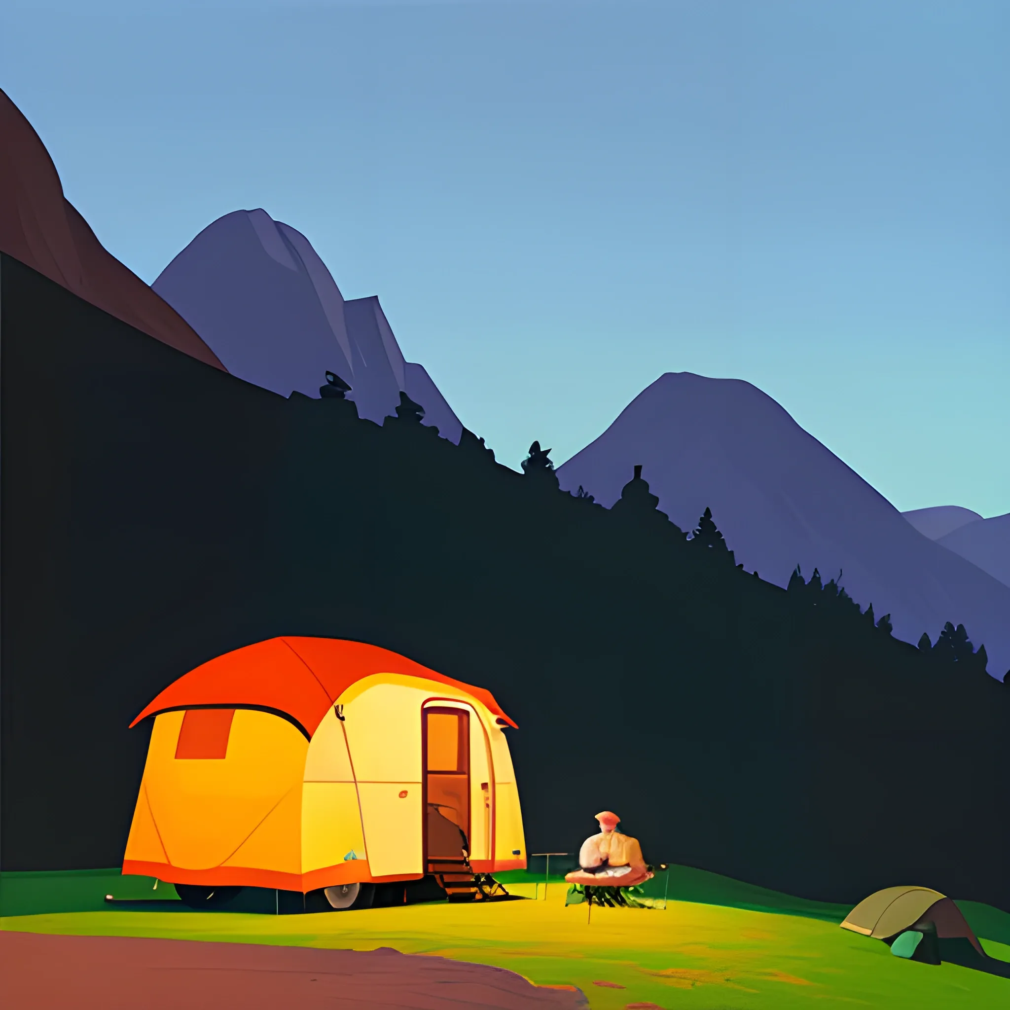 camping in the mountains, very coherent, painted by Edward Hopper, painted by James Gilleard, acrylic painting, chiaroscuro, blue