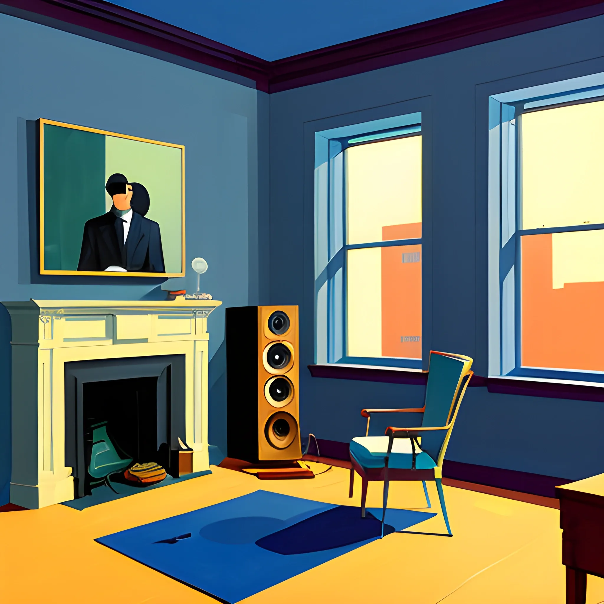 interior shot of music listening room in contemporary home, still life, records, very coherent, painted by Edward Hopper, painted by James Gilleard, acrylic painting, blue background