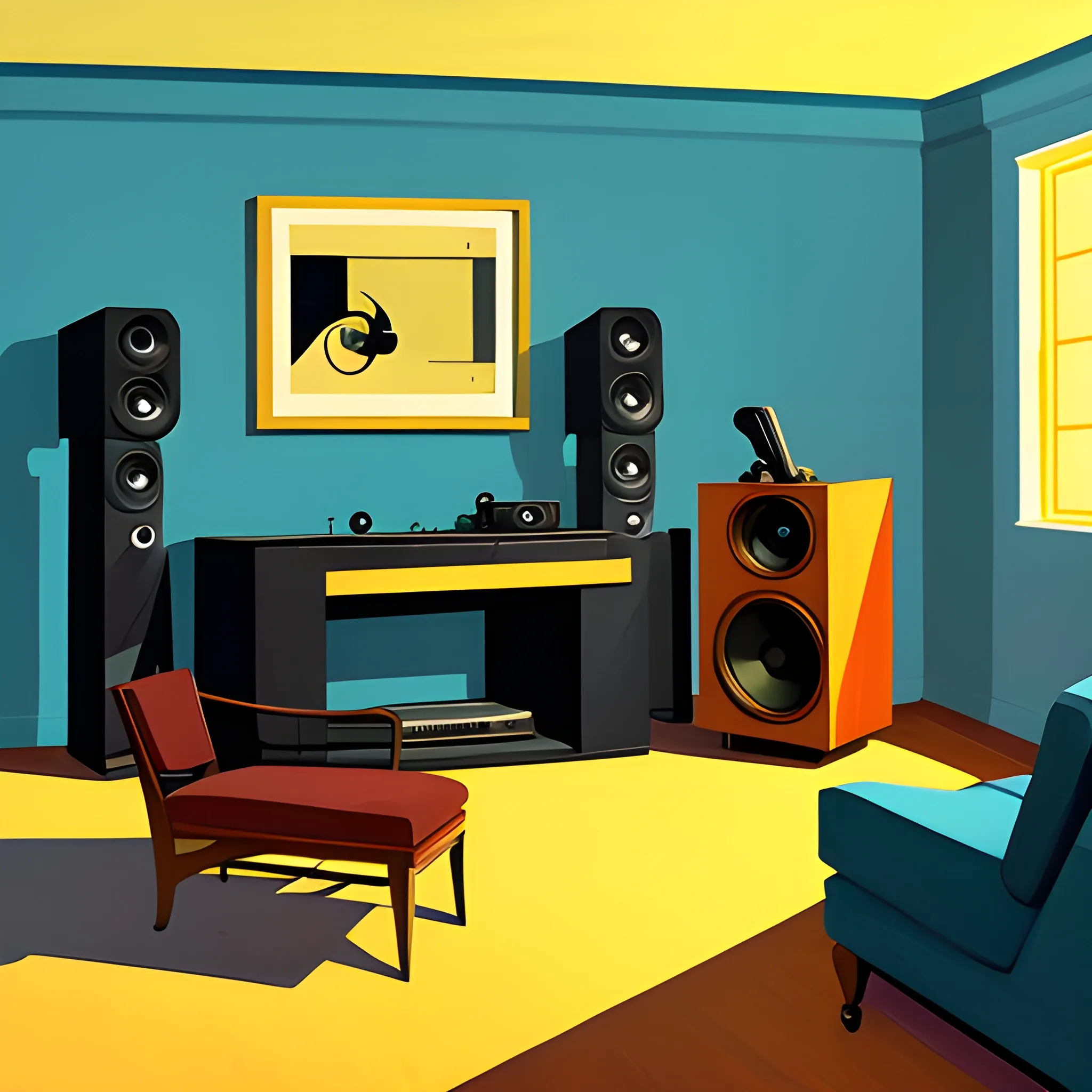 interior shot of music listening room in contemporary home, record player, very coherent, painted by Edward Hopper, painted by James Gilleard, acrylic painting, blue background