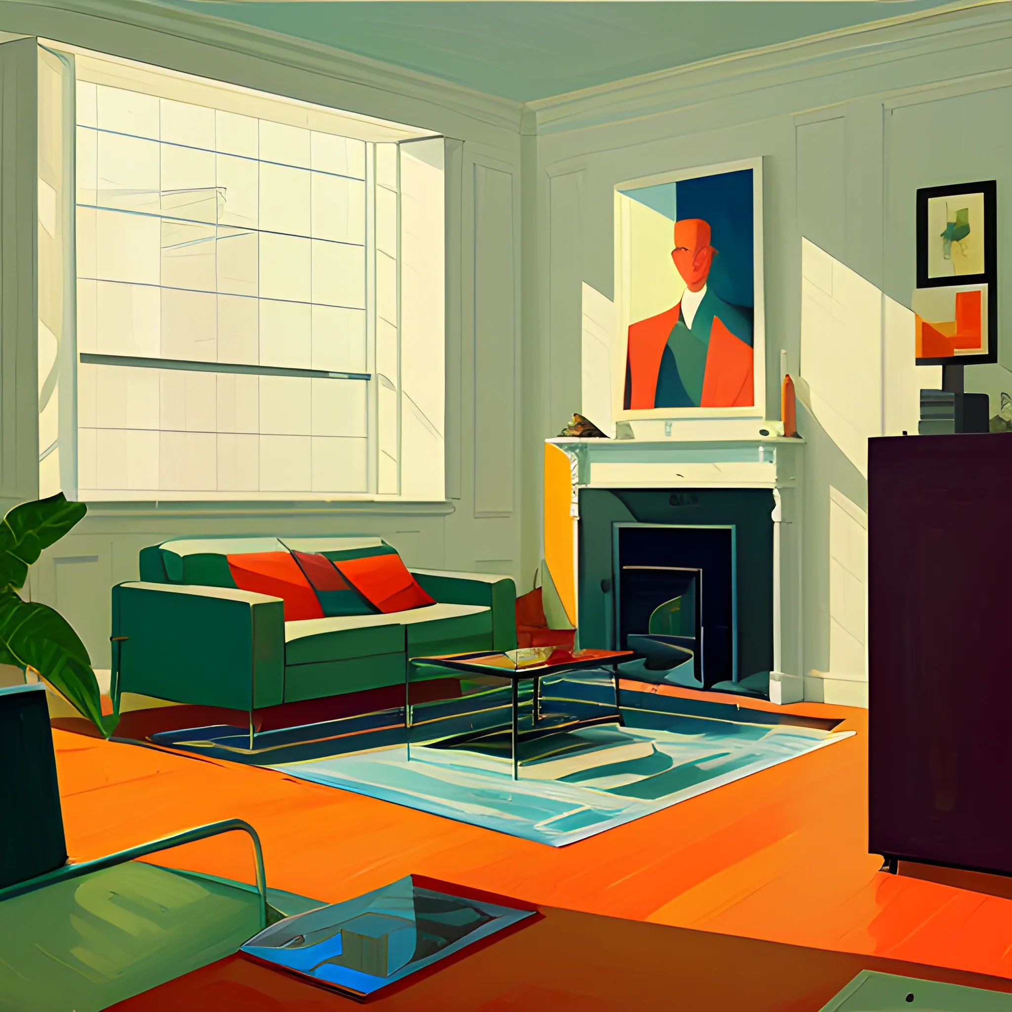 interior shot of living room in contemporary home, records, plants, still life, very coherent, painted by Edward Hopper, painted by James Gilleard, acrylic painting