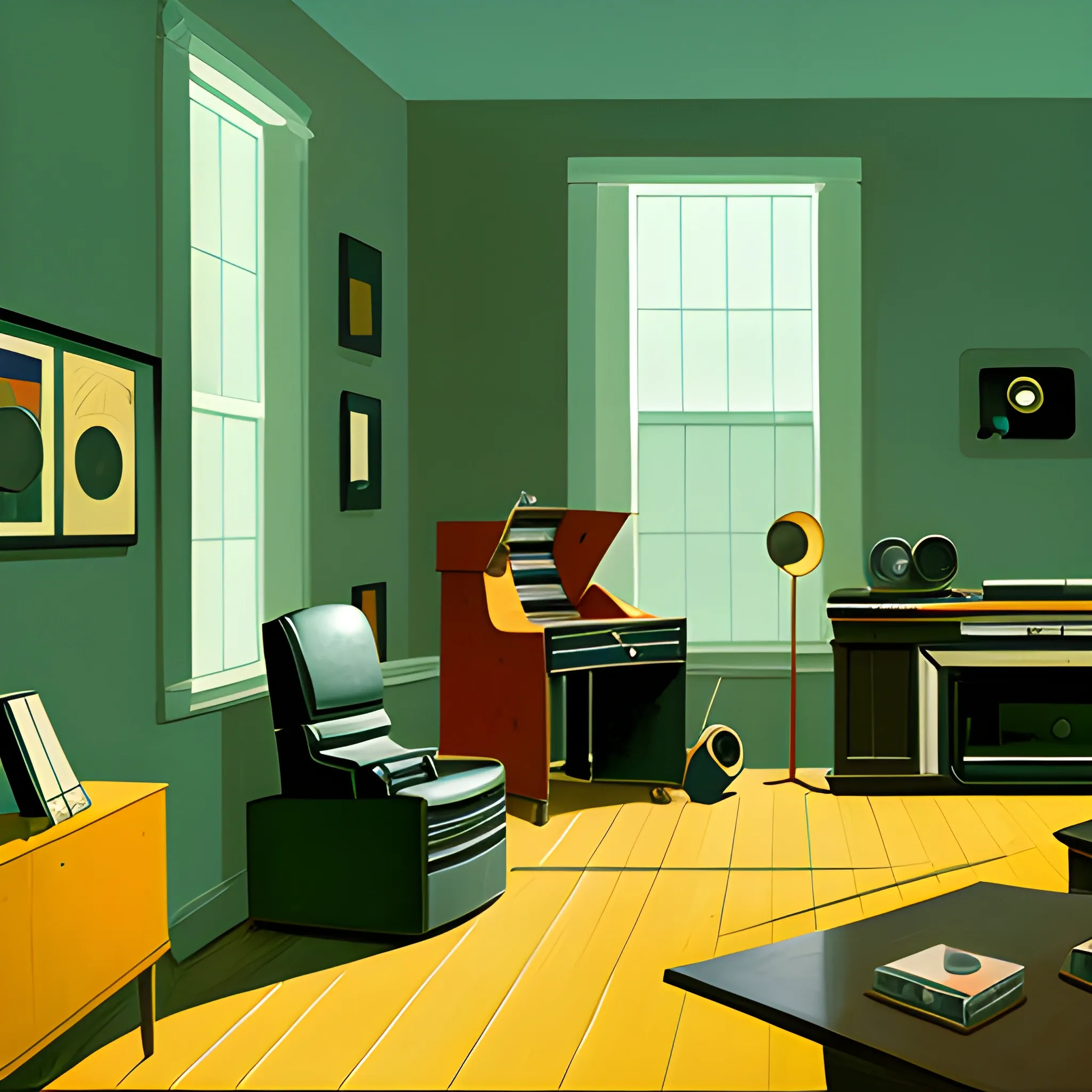 interior shot of music listening room in contemporary home, still life, records, very coherent, painted by Edward Hopper, painted by James Gilleard, acrylic painting