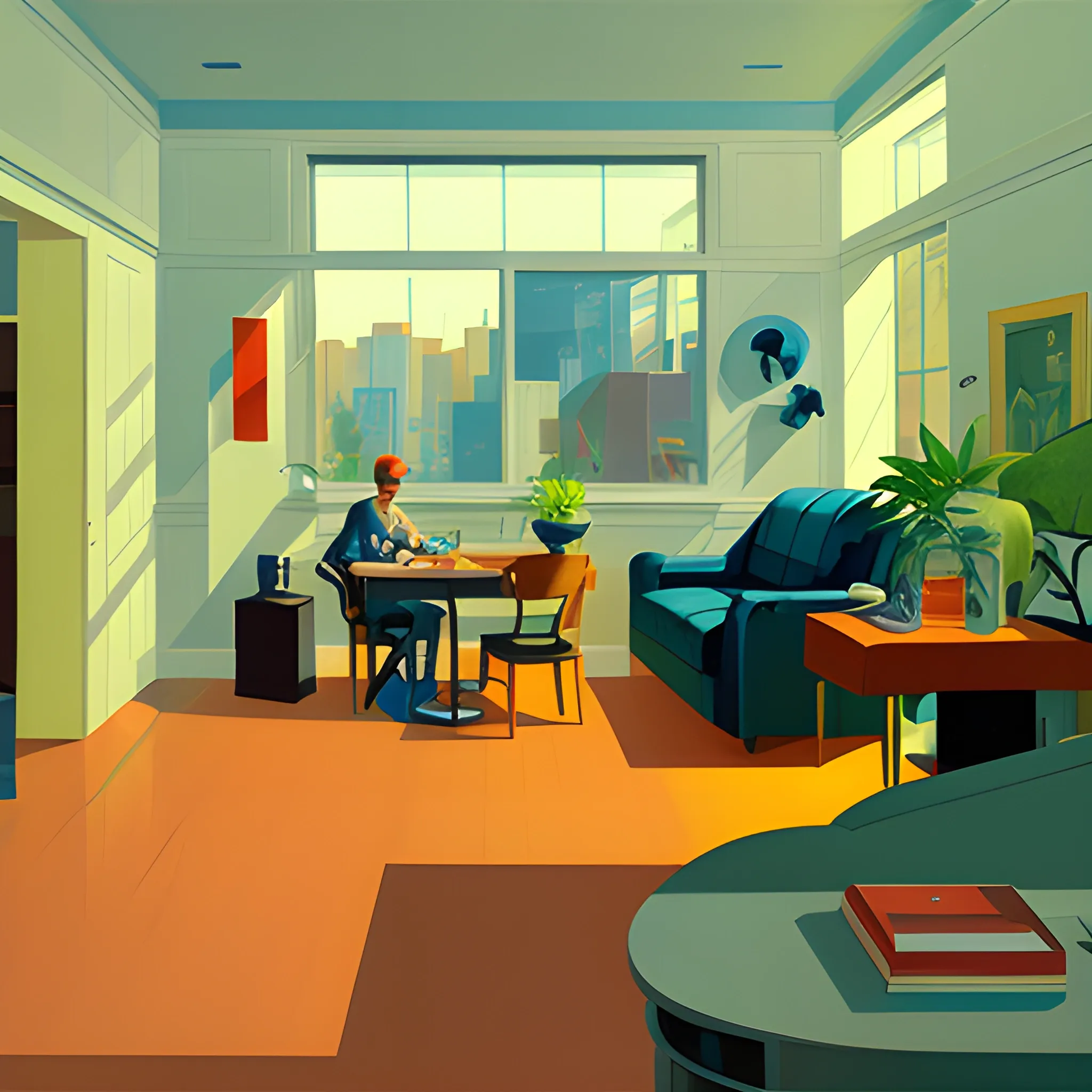 interior shot of living space in contemporary home, records, plants, still life, very coherent, painted by Edward Hopper, painted by James Gilleard, acrylic painting