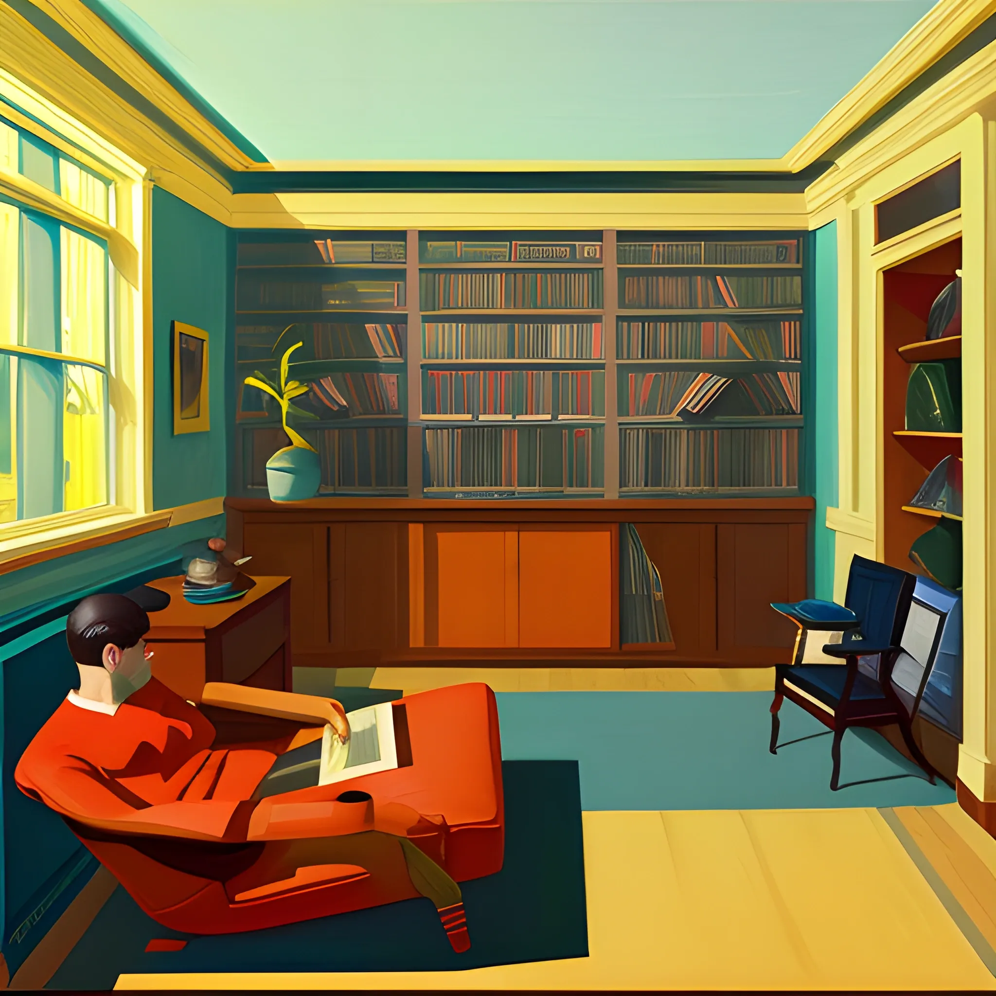 interior shot of living room in contemporary home, book shelves, records, plants, still life, very coherent, painted by Edward Hopper, painted by James Gilleard, acrylic painting