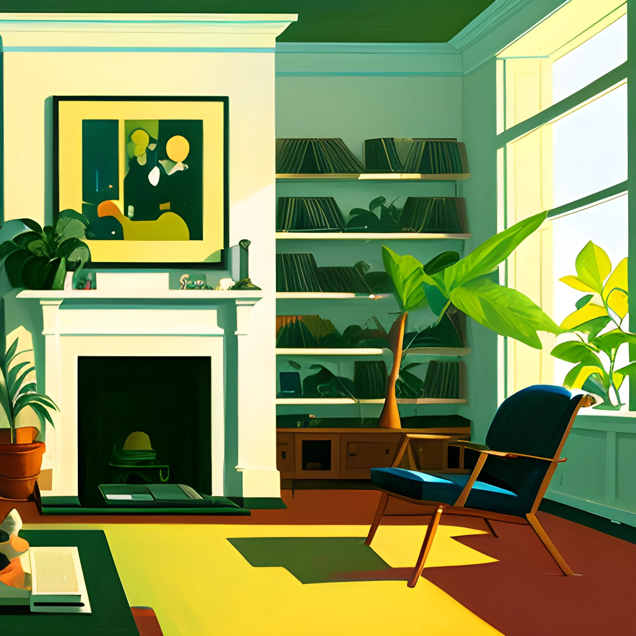 interior shot of living room in contemporary home, records on shelf, still life, plants  very coherent, painted by Edward Hopper, painted by James Gilleard, acrylic painting