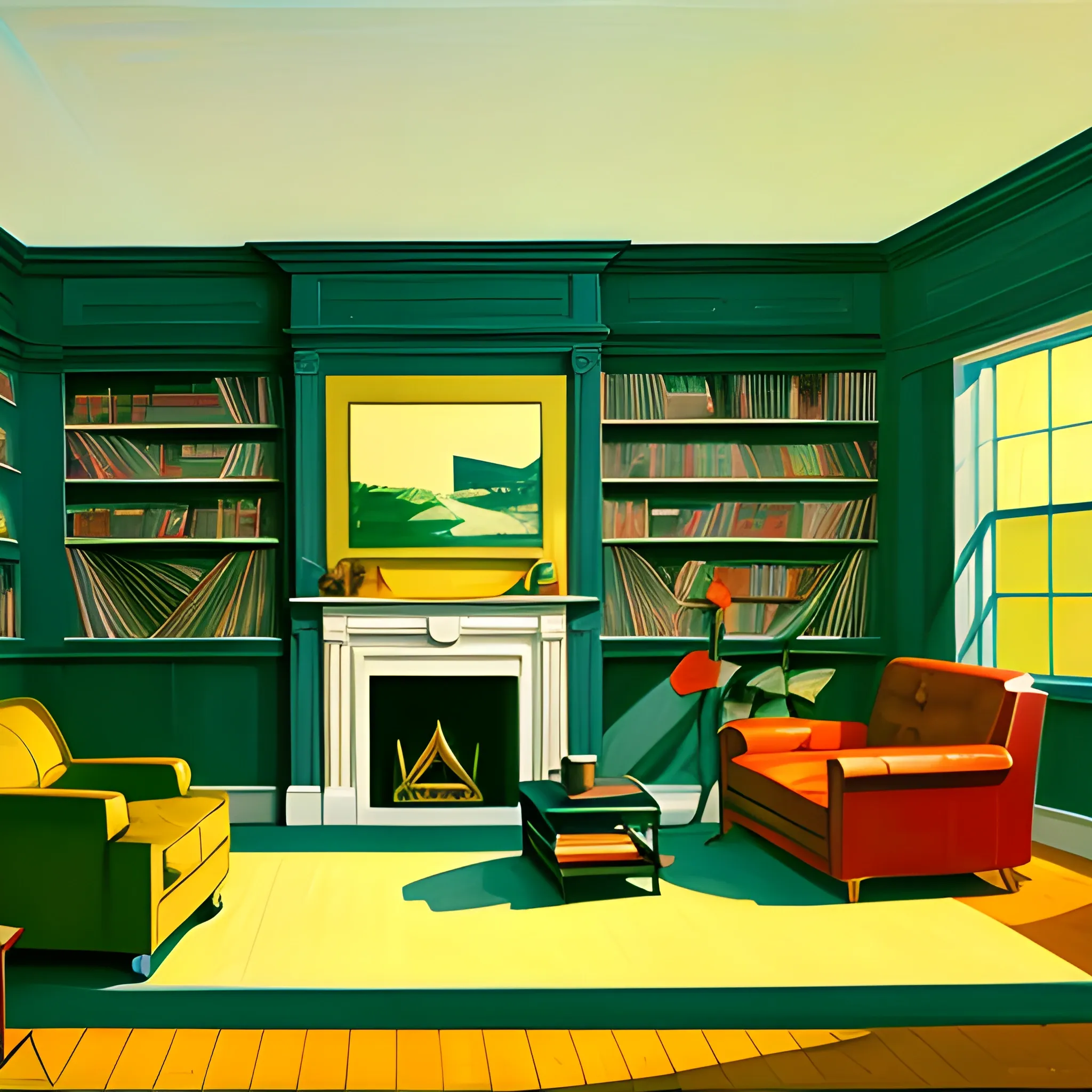 interior shot of living room in contemporary home, book shelf, records, plants, still life, very coherent, painted by Edward Hopper, painted by James Gilleard, acrylic painting