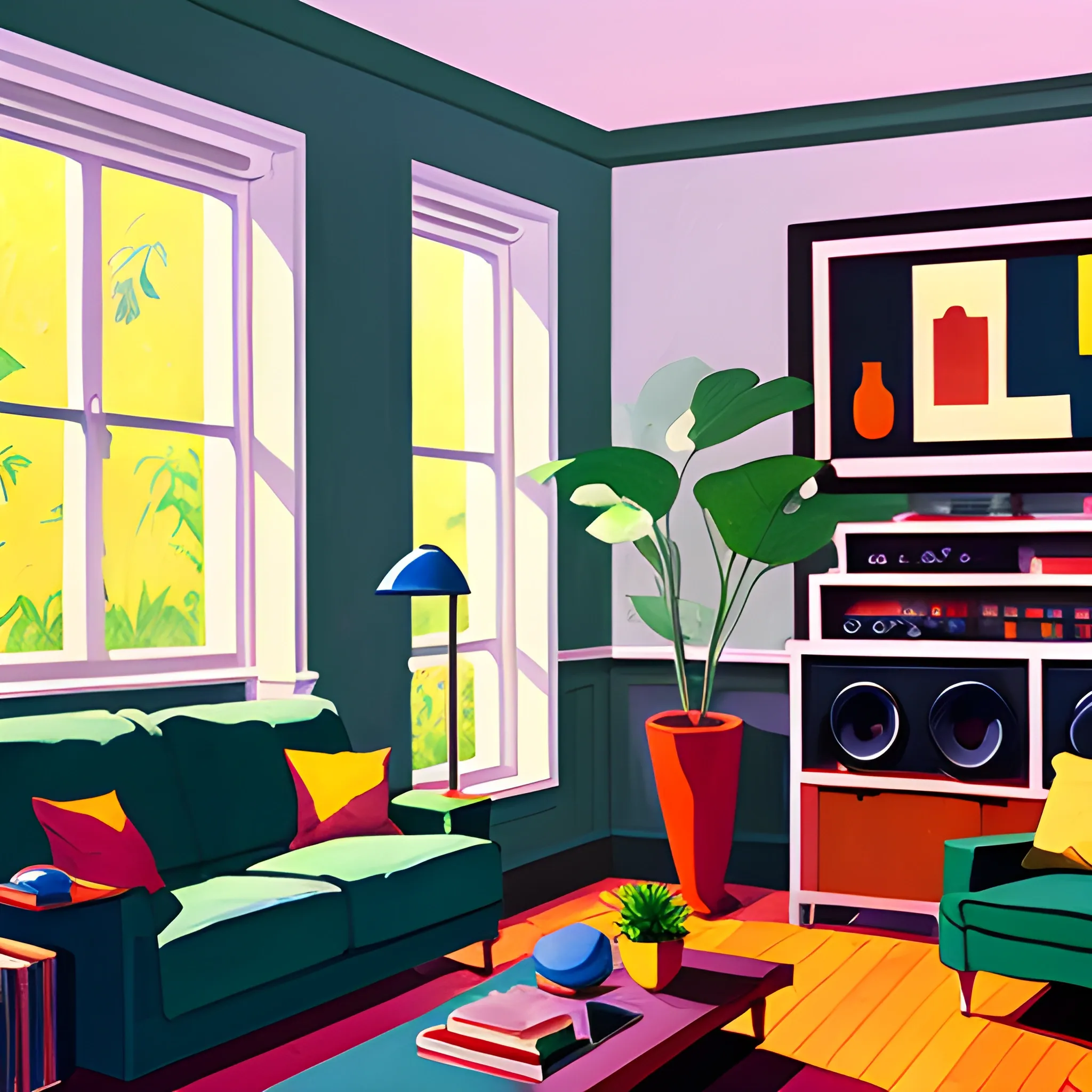 interior shot of living room in contemporary home, records on shelf, plants  very coherent, painted by Edward Hopper, painted by James Gilleard, acrylic painting