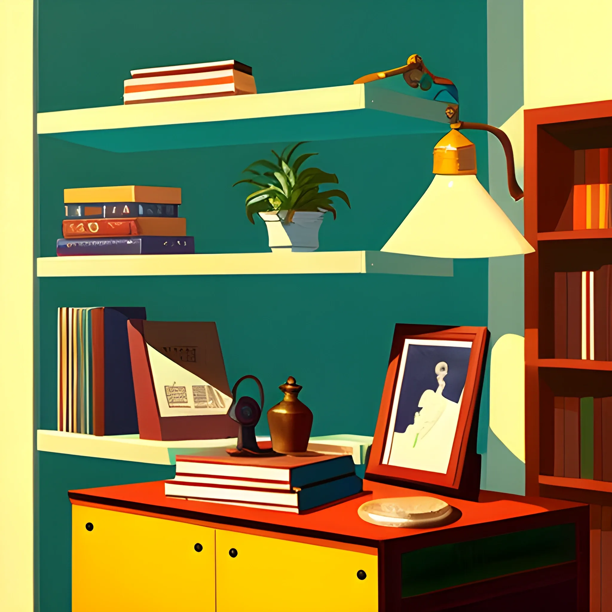 close up shot of book shelf in contemporary home, books, trinkets, records, plants, still life, very coherent, painted by Edward Hopper, painted by James Gilleard, acrylic painting