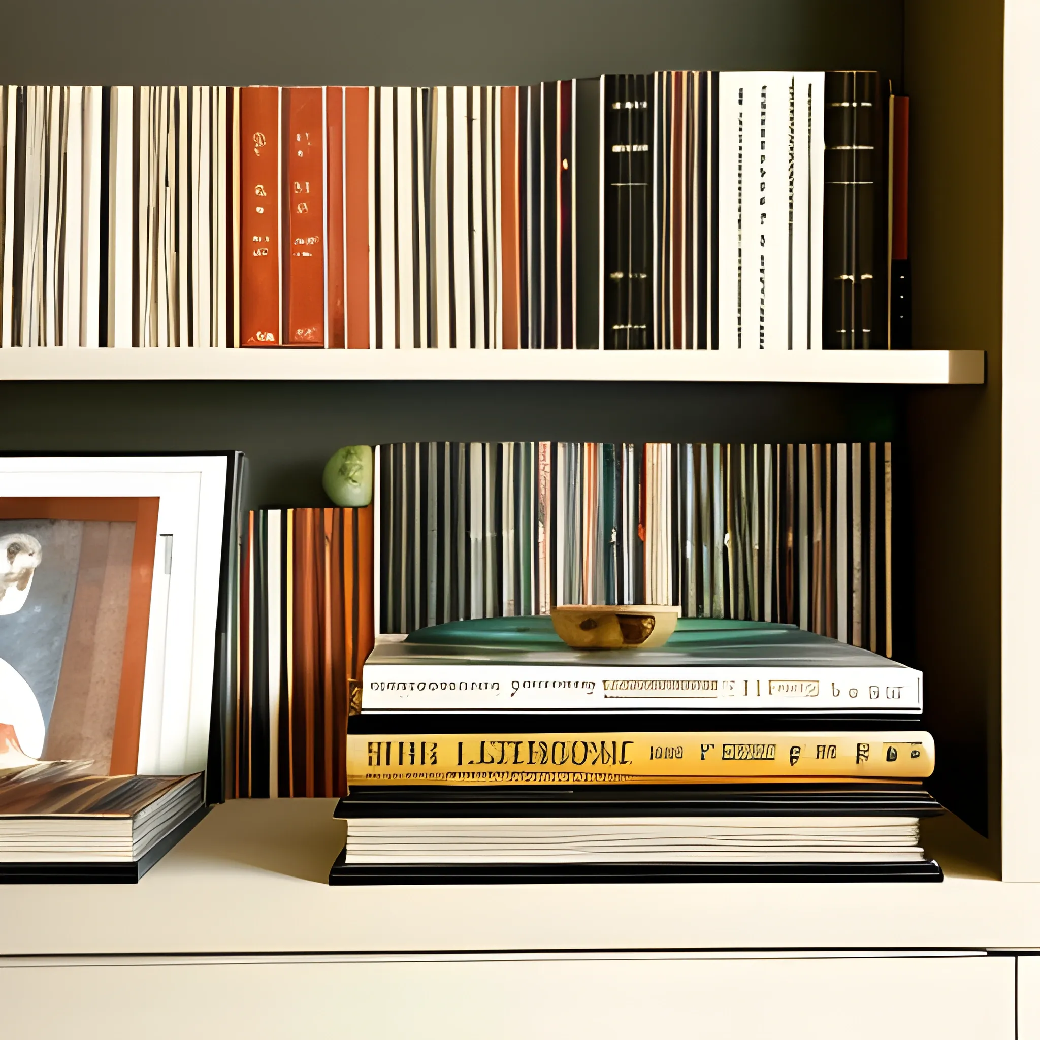 close up shot of book shelf in contemporary home, books, trinkets, records, plants, still life, very coherent, painted by gordon leverton, acrylic painting