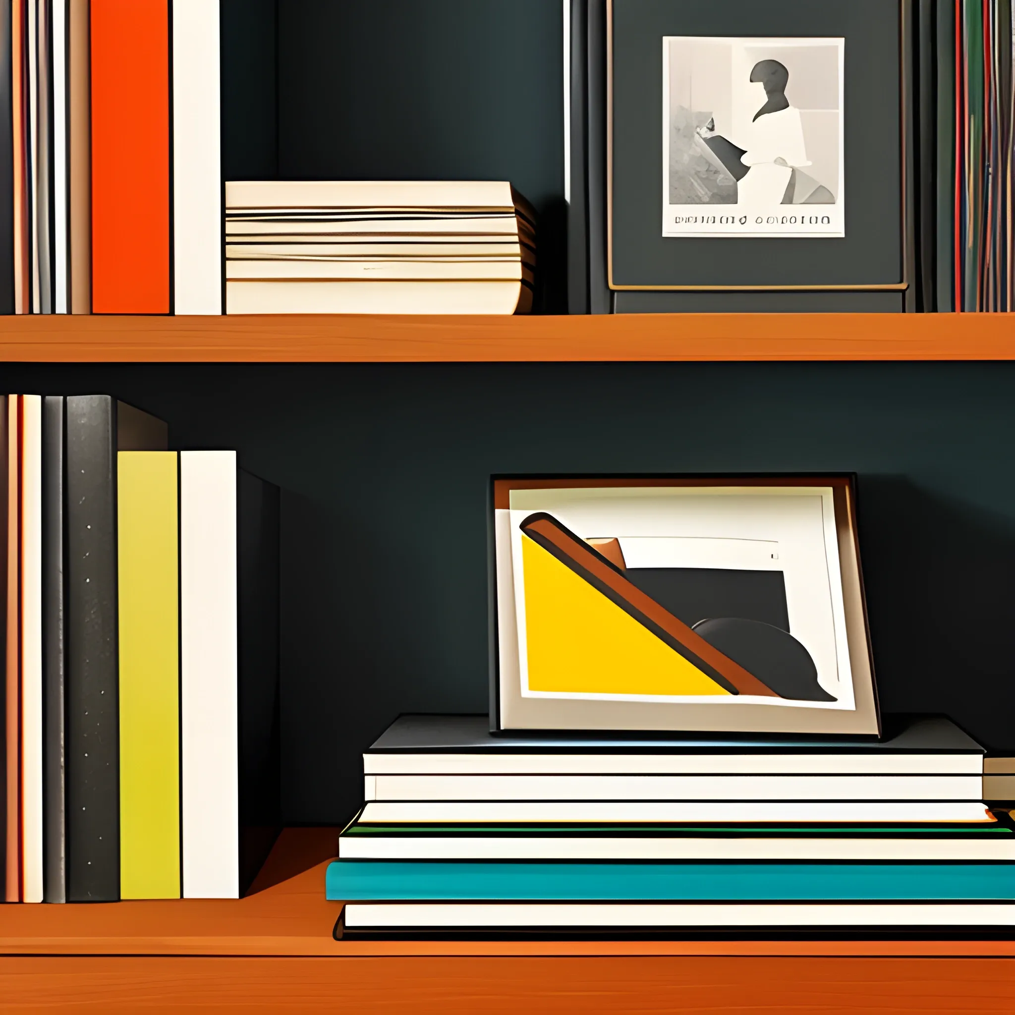 close up shot of book shelf in contemporary home, books, trinkets, records, plants, still life, very coherent, painted by nicolas party, acrylic painting