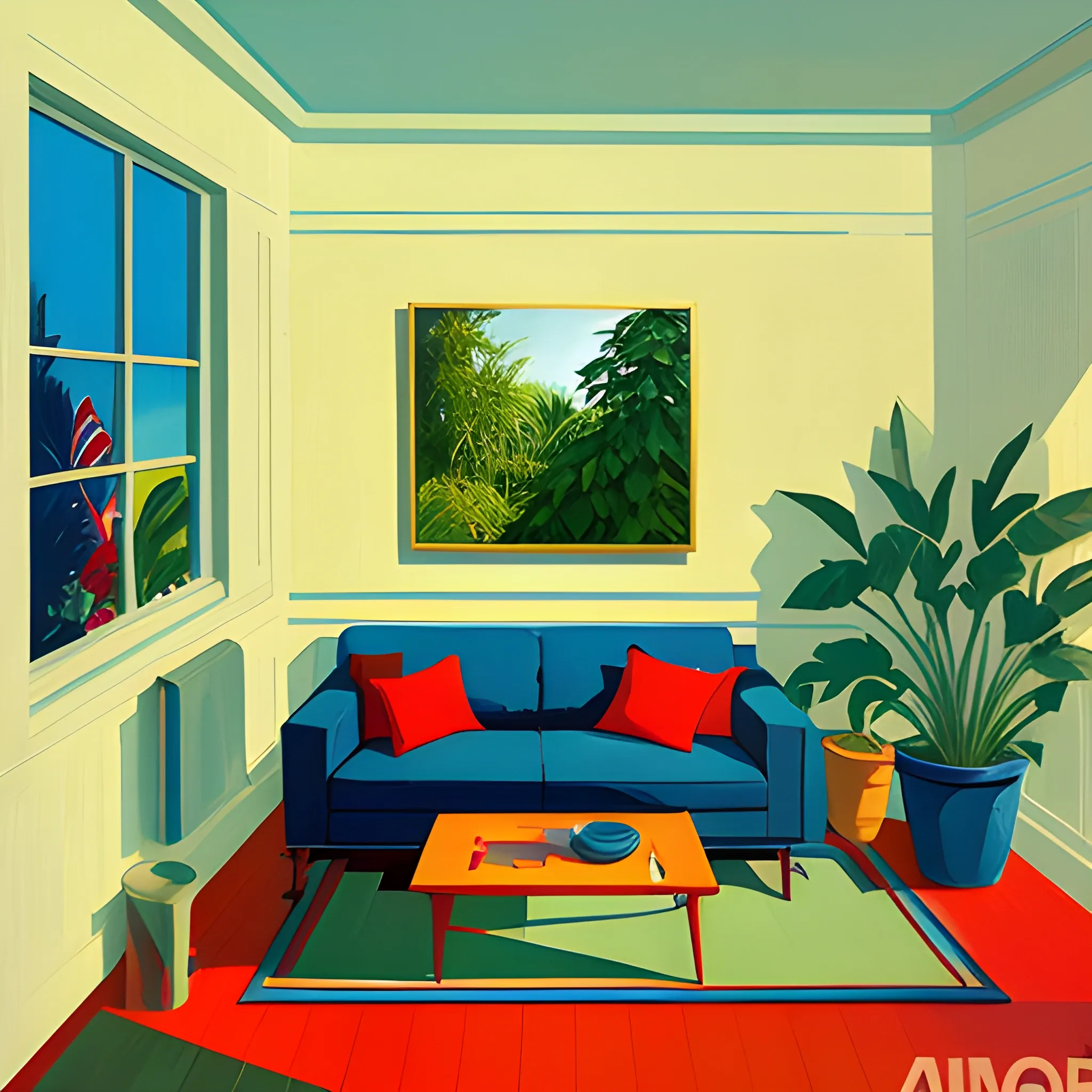 Interior shot of contemporary home with abstarct arts hanging on the wall, plant lover, very coherent, painted by Edward Hopper, painted by James Gilleard, airbrush,  art by JamesJean