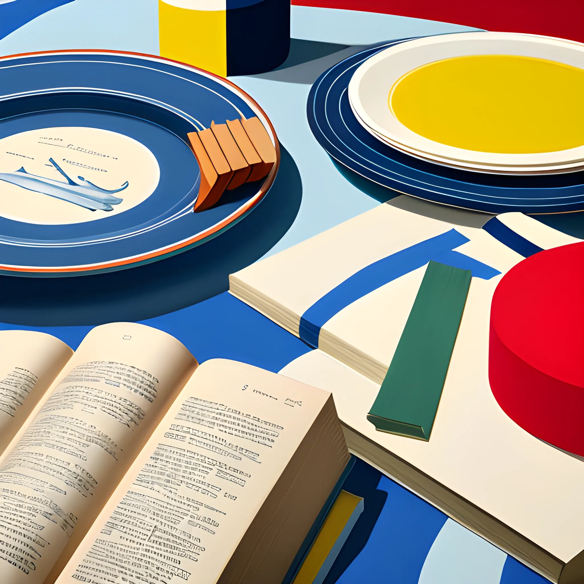 close up shot of items on a table, books, plates, nautical, still life, very coherent, painted by nicolas party, acrylic painting